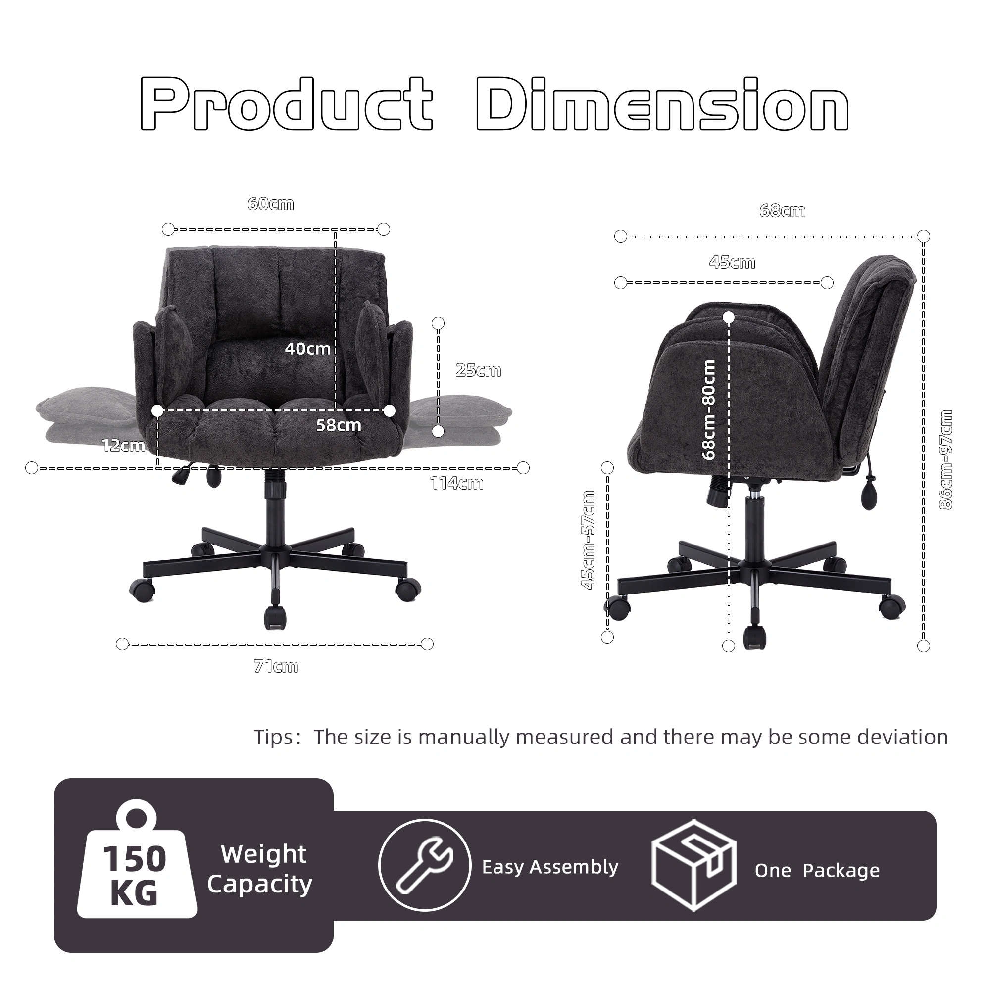 Home office chair, swivel chair, desk chair with casters, rotatable office chair with foldable armrests, load capacity 150kg, height adjustable, black view 3