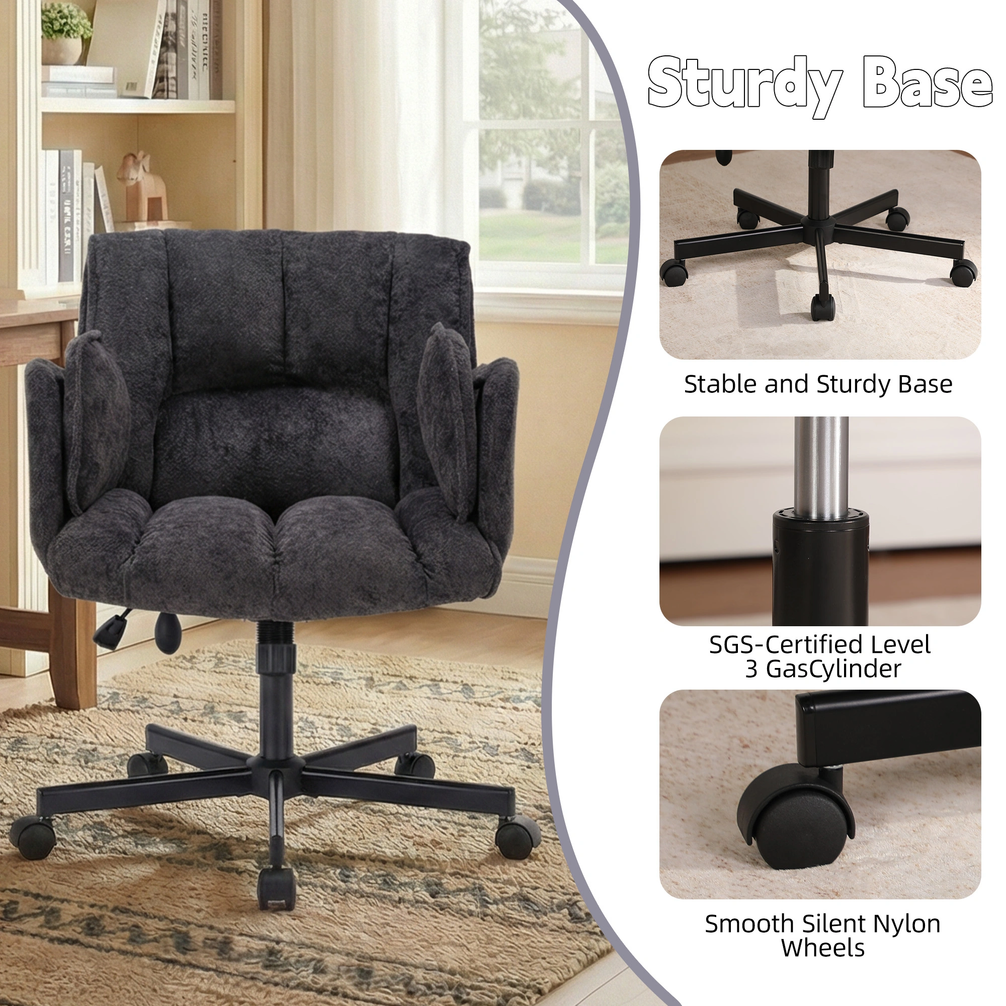 Home office chair, swivel chair, desk chair with casters, rotatable office chair with foldable armrests, load capacity 150kg, height adjustable, black view 5