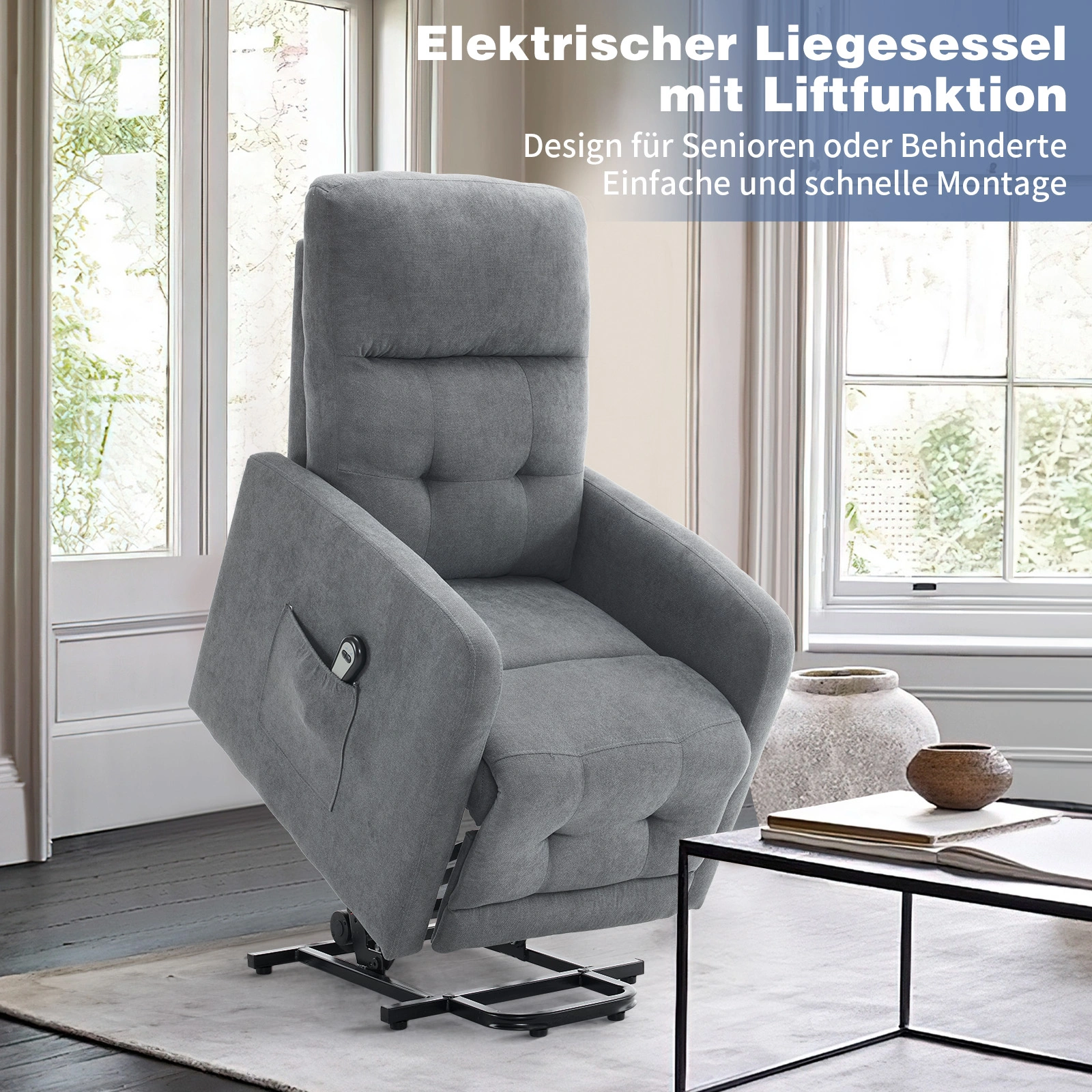 Dark Gray Fabric Electric Lift Recliner Chair for Elderly, 120kg Weight Capacity, Indoor Functional Raised Seat with Remote, 1 Piece