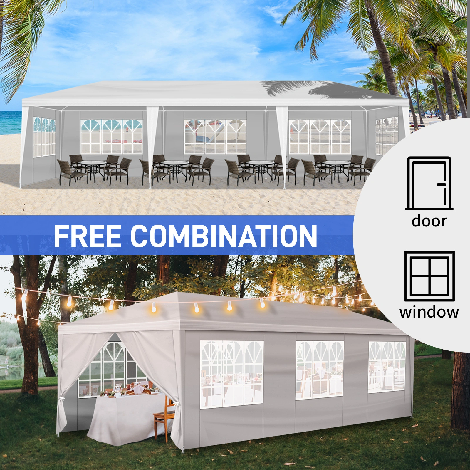 10'x30' Outdoor Party Tent with 8 Removable Sidewalls, Waterproof Canopy Patio Wedding Gazebo, White view 18