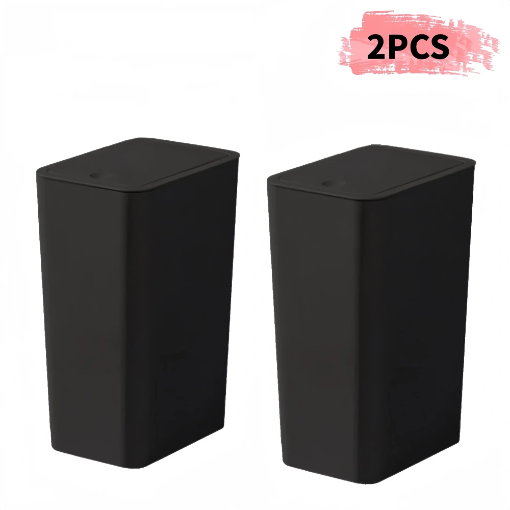 2 Pack Trash Can with Press Top Lid, 2.6 Gal Plastic Garbage Can, Small Wastebasket for Bathroom, Modern Mini Waste Basket, Black