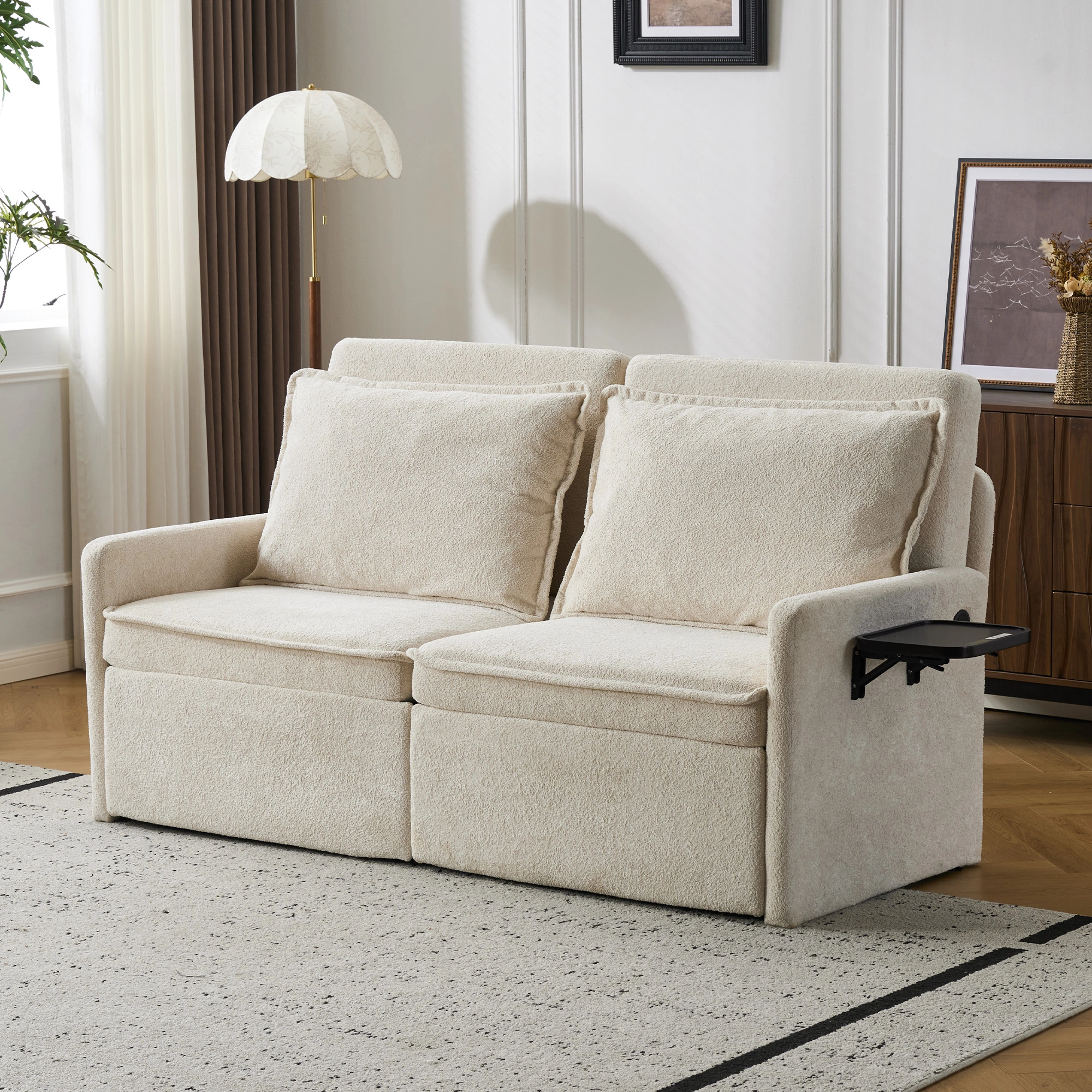 Sofa with Sleep Function Sleep Sofa with Cushions and USB, 3-in-1 Sofa&Couch with 5-Stage Adjustable Backrest, Foldable Sofa Bed with Storage, Chenille, Beige