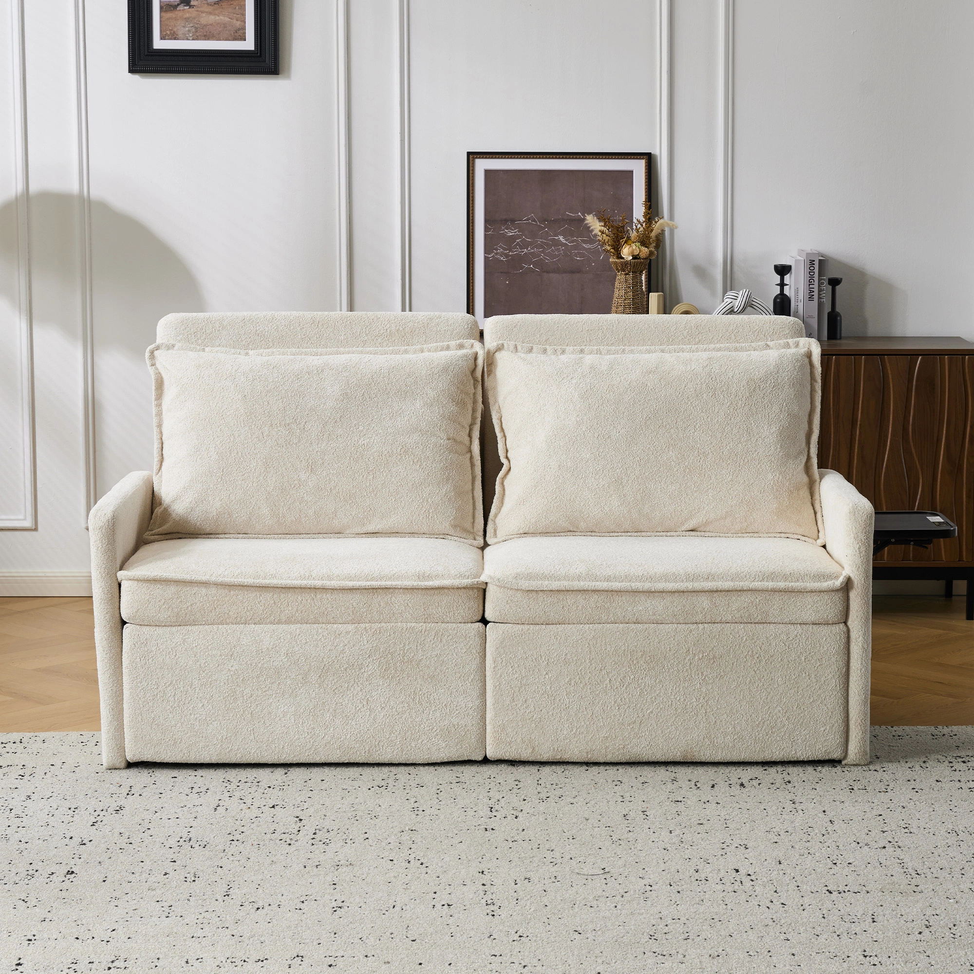 Sofa with Sleep Function Sleep Sofa with Cushions and USB, 3-in-1 Sofa&Couch with 5-Stage Adjustable Backrest, Foldable Sofa Bed with Storage, Chenille, Beige view 2