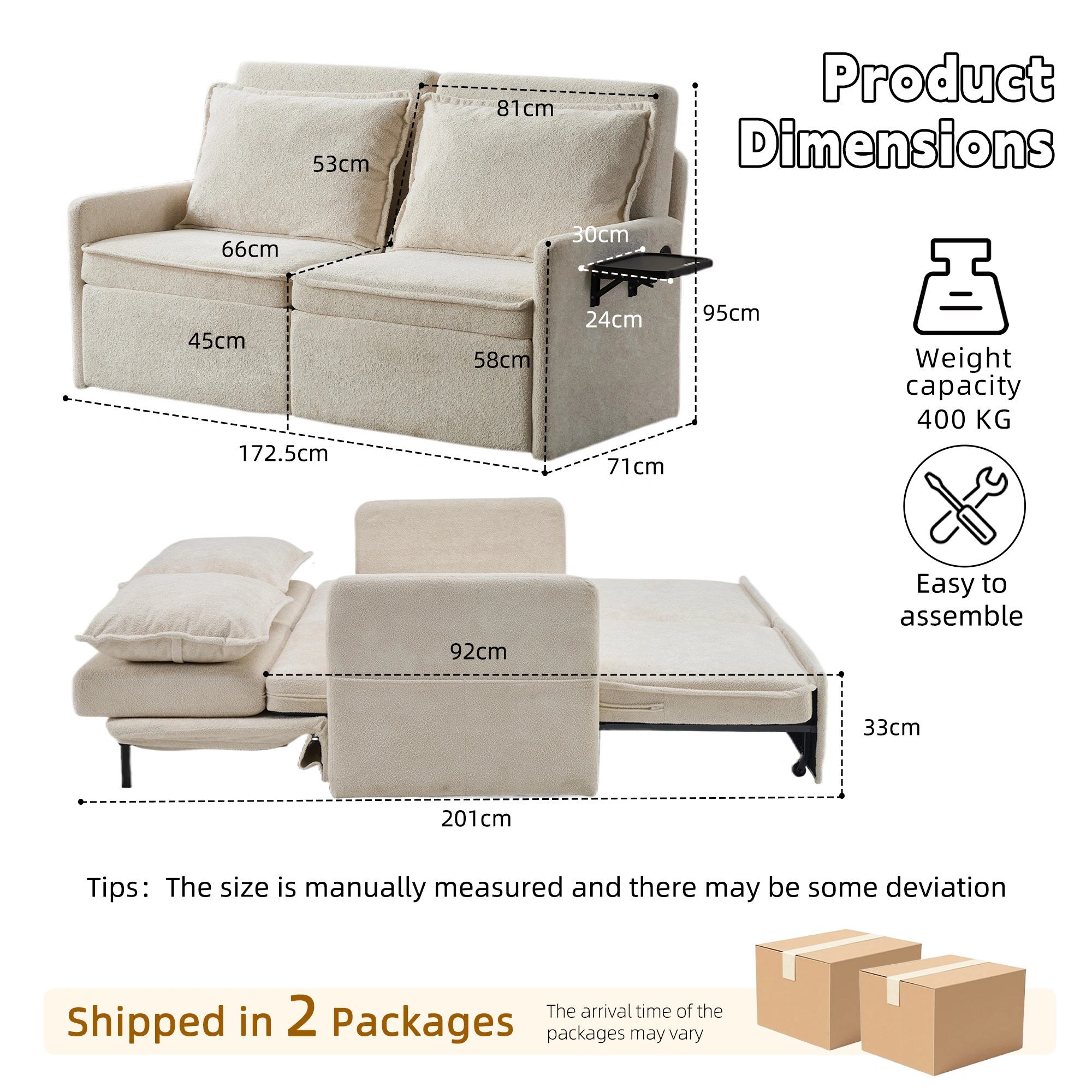 Sofa with Sleep Function Sleep Sofa with Cushions and USB, 3-in-1 Sofa&Couch with 5-Stage Adjustable Backrest, Foldable Sofa Bed with Storage, Chenille, Beige view 3