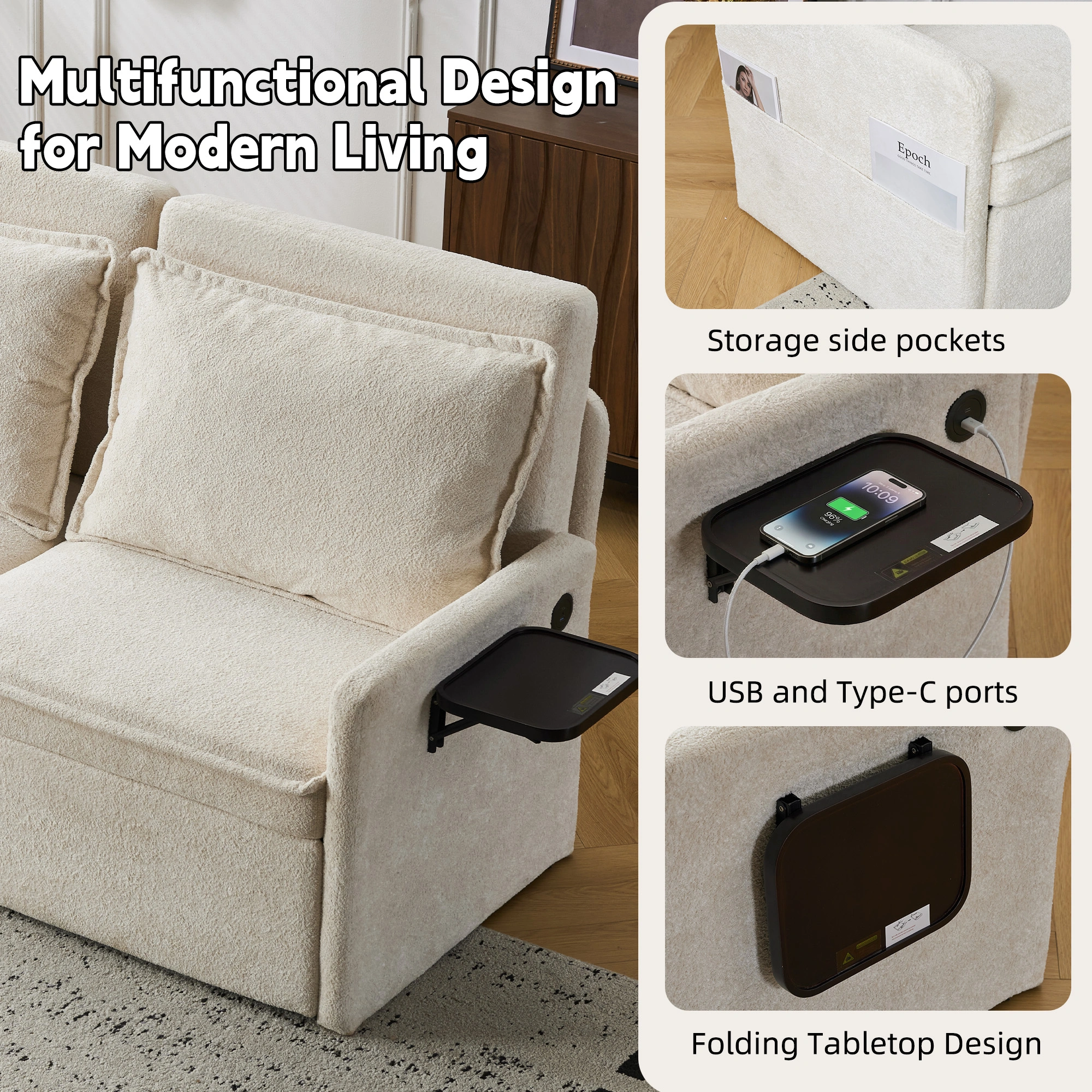 Sofa with Sleep Function Sleep Sofa with Cushions and USB, 3-in-1 Sofa&Couch with 5-Stage Adjustable Backrest, Foldable Sofa Bed with Storage, Chenille, Beige view 5