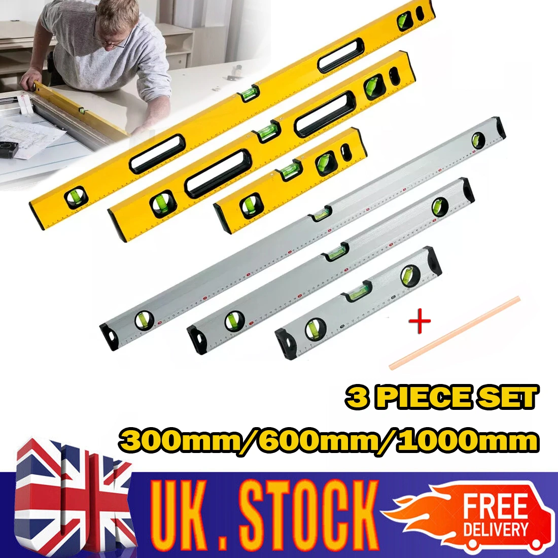 Magnetic 3 Piece Builders Spirit Level Set - 300mm 600mm 1000mm Yellow with Pencil