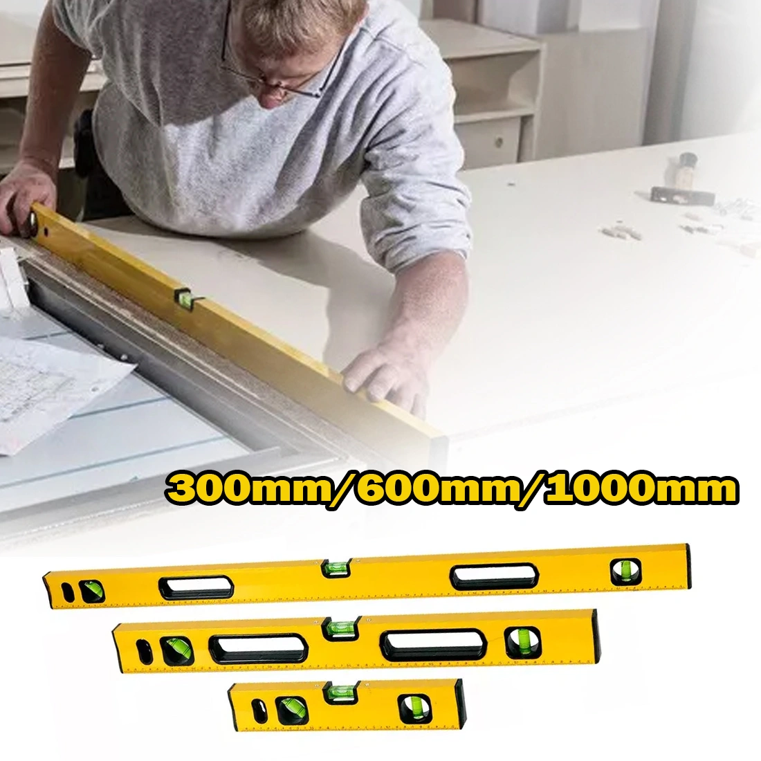 Magnetic 3 Piece Builders Spirit Level Set - 300mm 600mm 1000mm Yellow with Pencil view 3