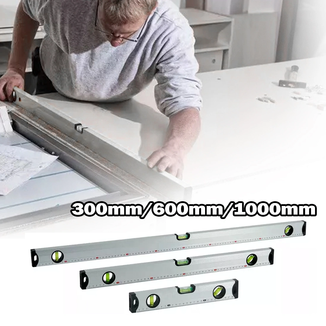 Magnetic 3 Piece Builders Spirit Level Set - 300mm 600mm 1000mm Yellow with Pencil view 4
