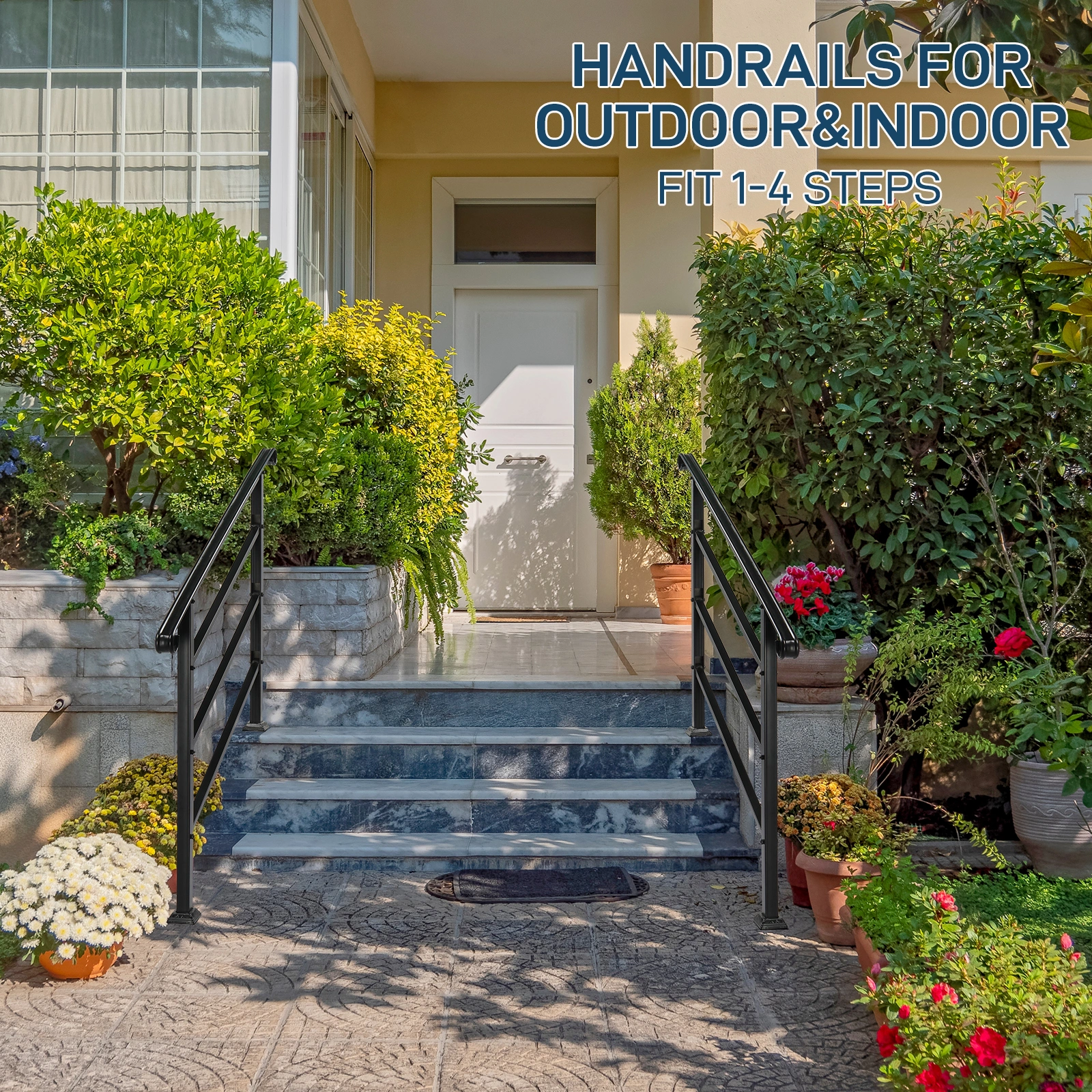 Black Wrought Iron Outdoor Handrails for Steps, Transitional Handrail Fits 1 to 4 Steps, Includes Installation Kit, Indoor Outdoor Support Rail view 2