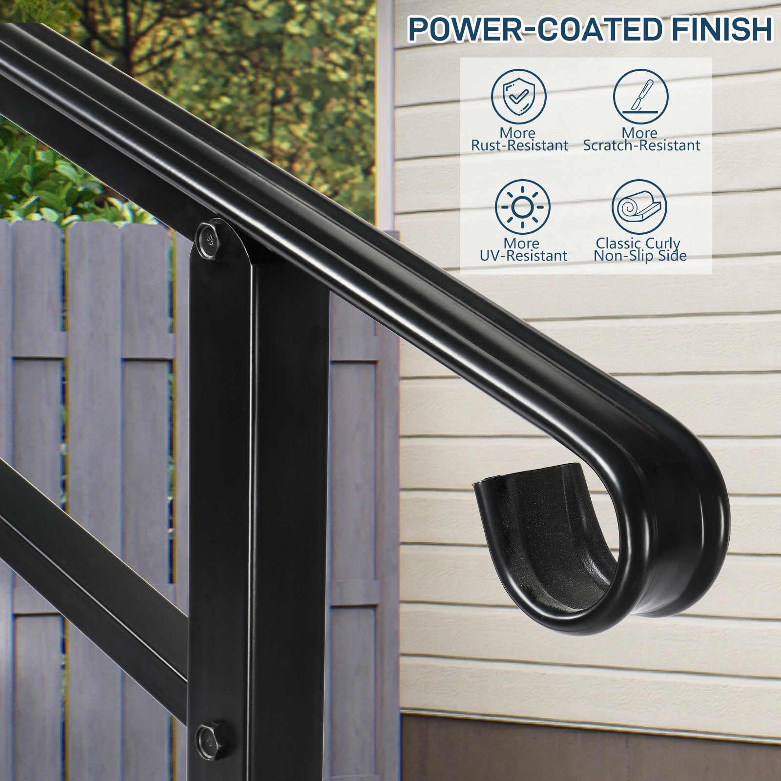 Black Wrought Iron Outdoor Handrails for Steps, Transitional Handrail Fits 1 to 4 Steps, Includes Installation Kit, Indoor Outdoor Support Rail view 3