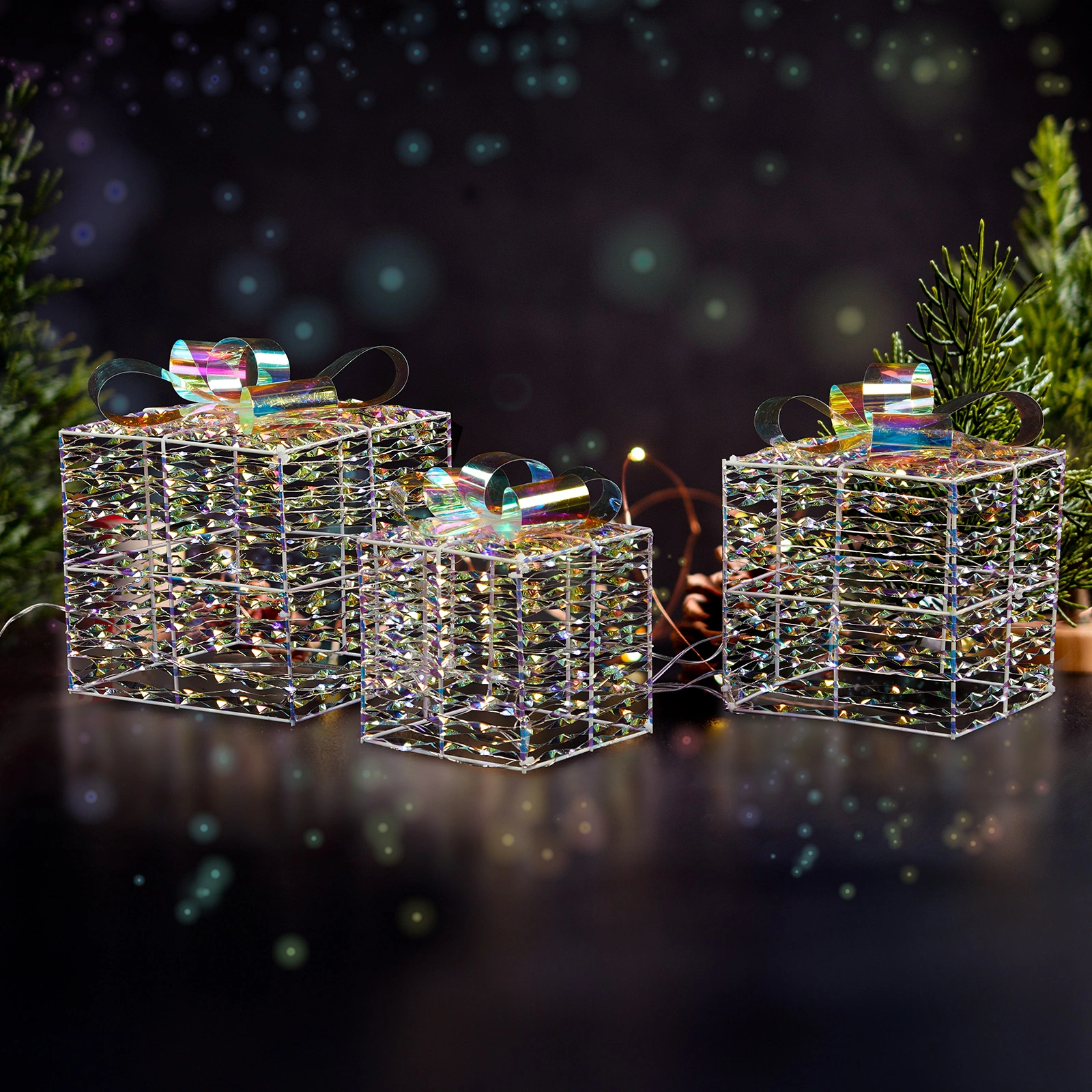 Lighted Iridescent Gift Boxes Set of 3, Nestable Presents Ornament with 140 LED White Lights, Stakes, Outdoor Indoor Decor