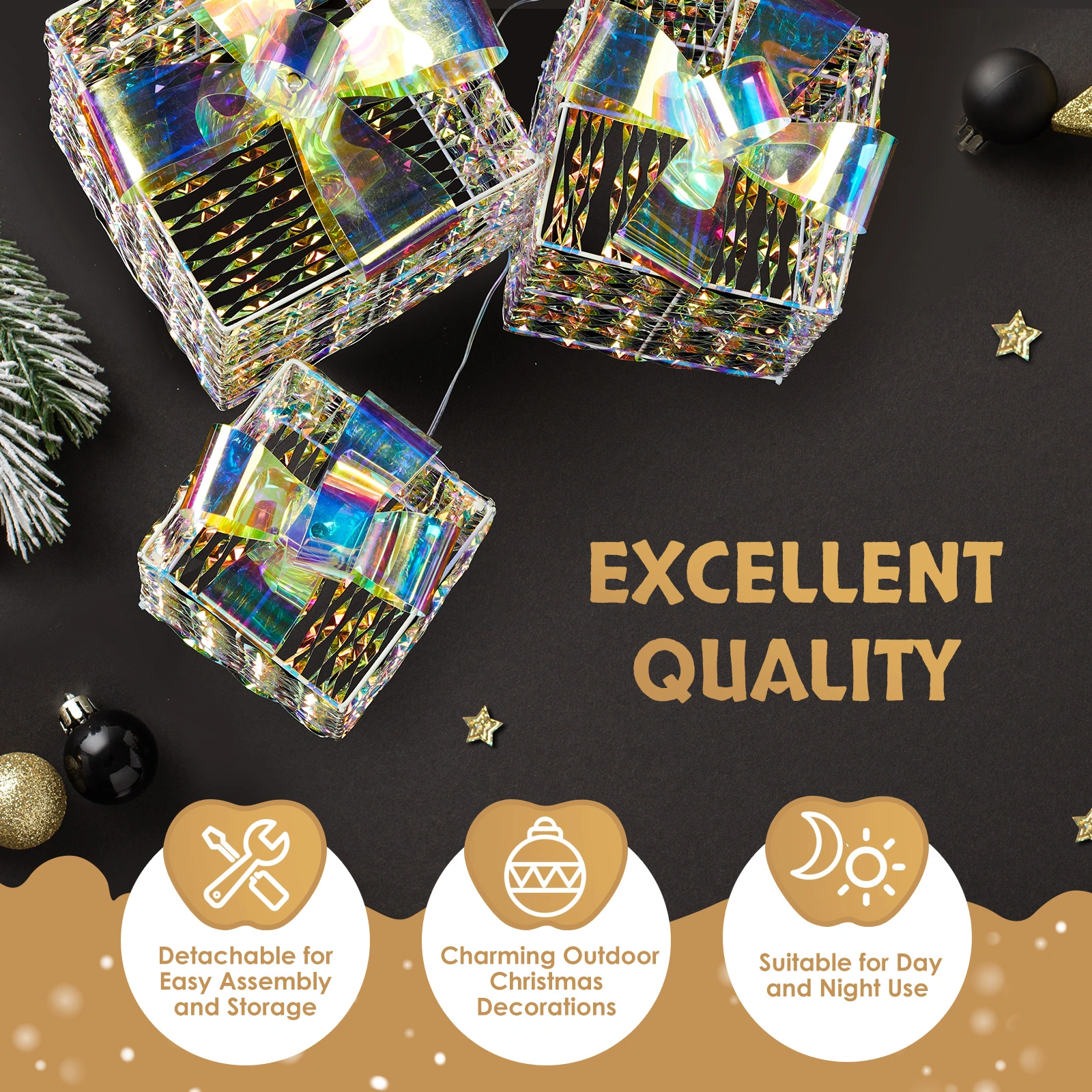 Lighted Iridescent Gift Boxes Set of 3, Nestable Presents Ornament with 140 LED White Lights, Stakes, Outdoor Indoor Decor view 2