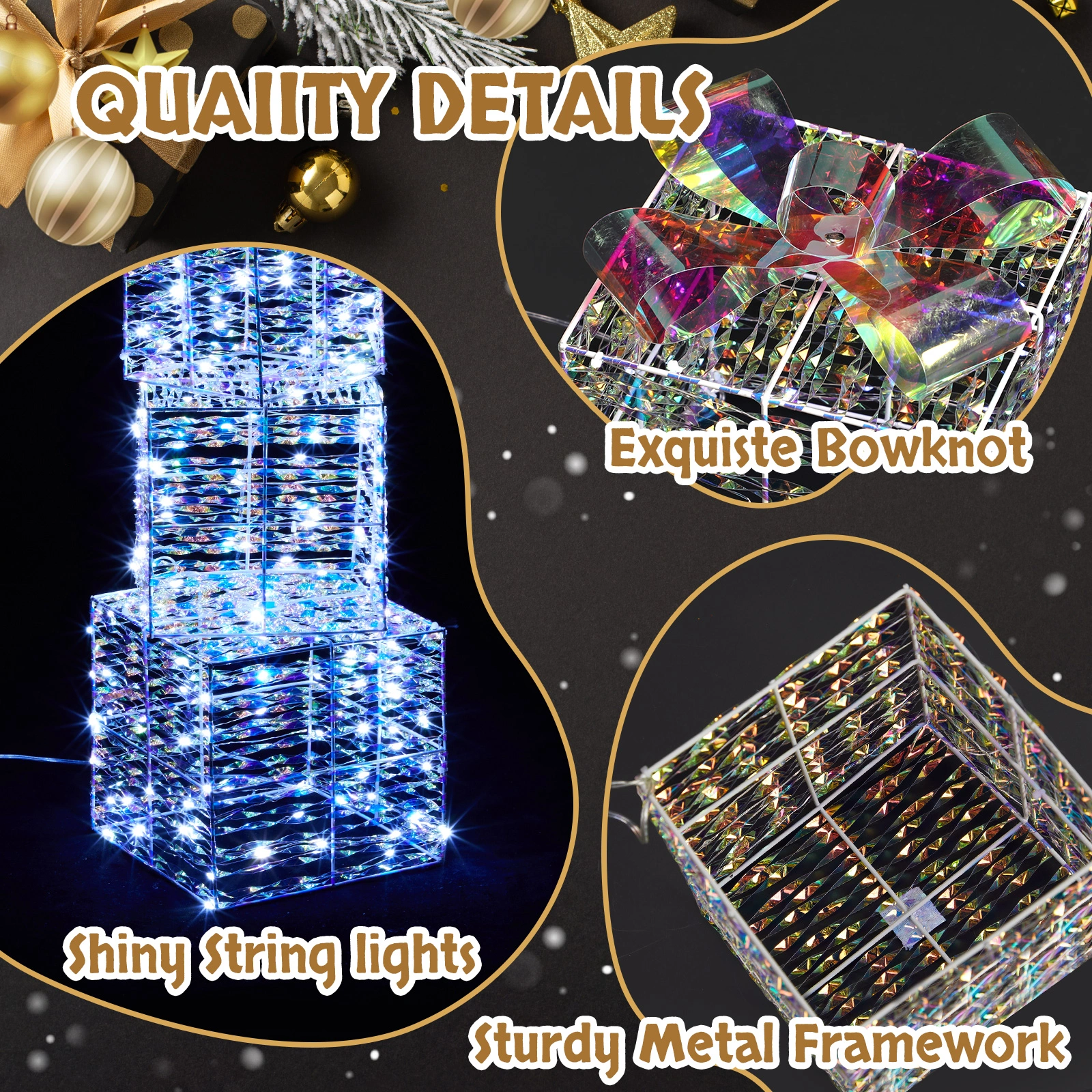 Lighted Iridescent Gift Boxes Set of 3, Nestable Presents Ornament with 140 LED White Lights, Stakes, Outdoor Indoor Decor view 3