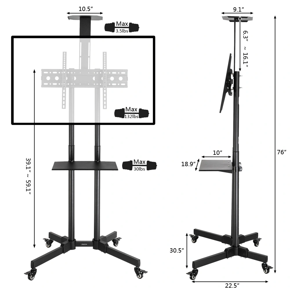 TSY 1600 TV Mobile Cart 32-70 Inch 60kg VESA 400x600 Adjustable Height Tilt Camera Mount view 2