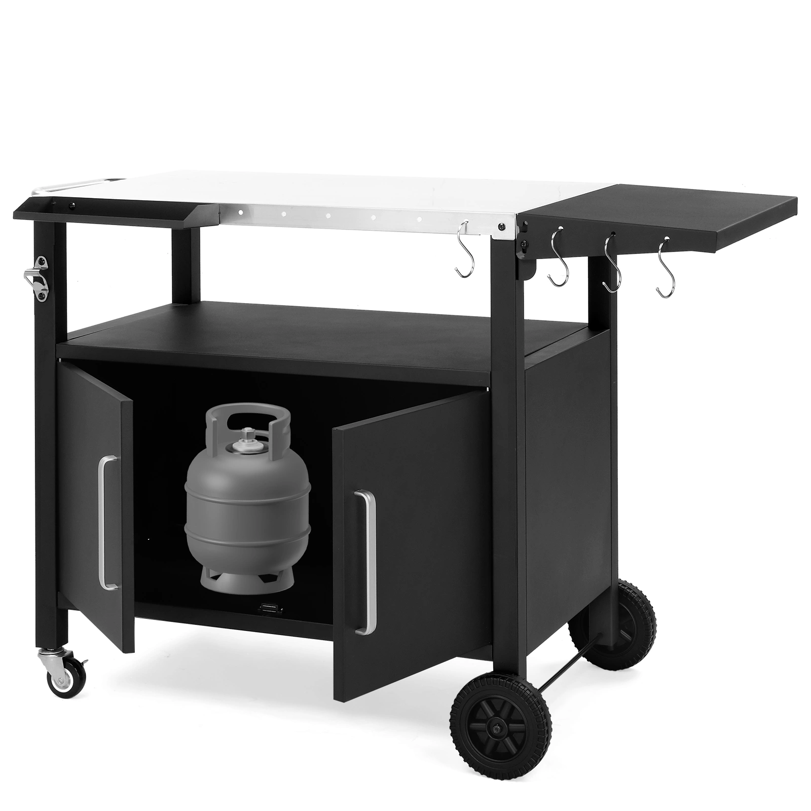 Outdoor Grill Cart with Storage, Rolling Bar Cart Movable Kitchen Island for BBQ, Patio Dining Cart Table for Food Prep with Wheels Hooks Foldable Top view 24