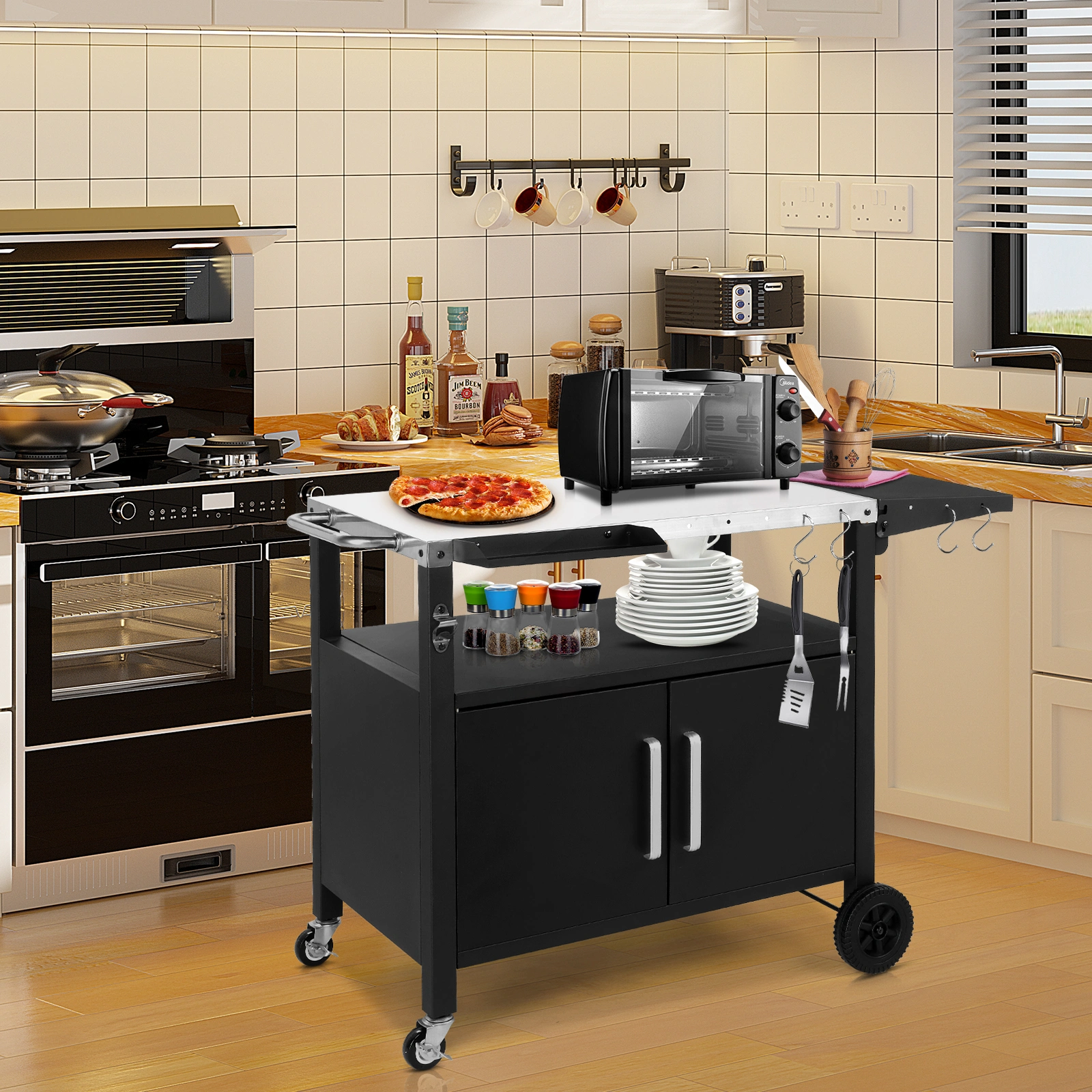 Outdoor Grill Cart with Storage, Rolling Bar Cart Movable Kitchen Island for BBQ, Patio Dining Cart Table for Food Prep with Wheels Hooks Foldable Top view 7