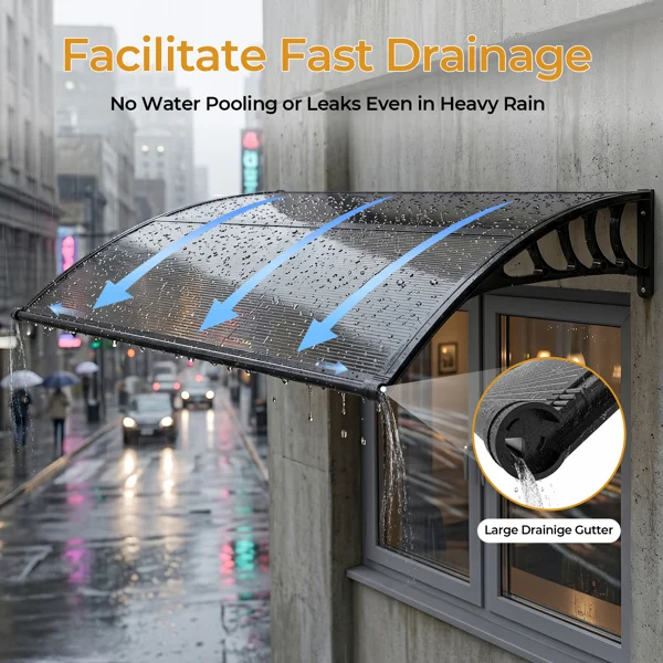 Awning for Door Entrance with Drainage Sink, 40x48 Inch Window Canopy Exterior, UV Rain Snow Protection for House Porch Patio Deck, Black Bracket & Brown Board view 4