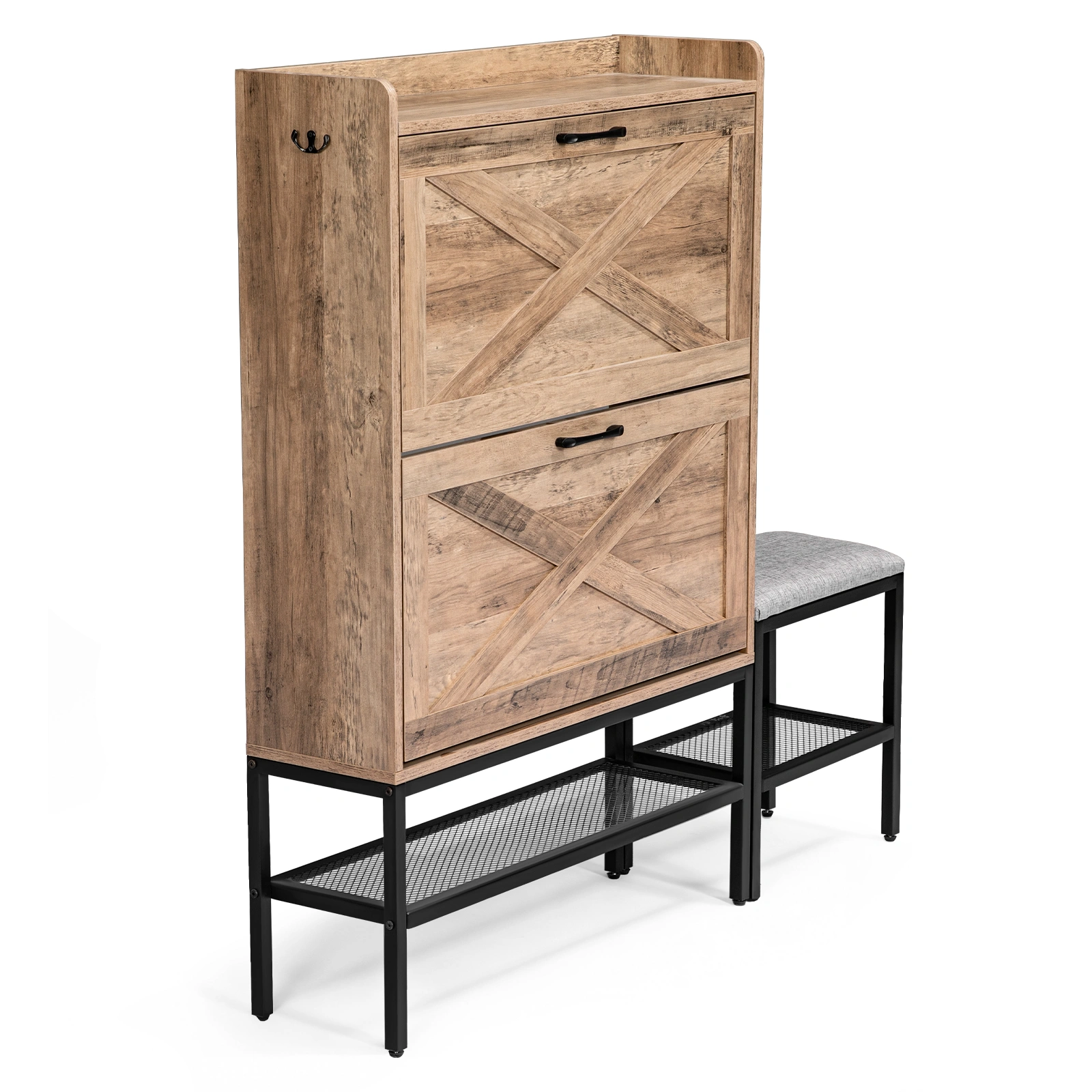 120x24x120cm Shoe Cabinet, Barn Door Style with 2 Flip-Down Compartments, Wire Mesh, Metal Legs, Vintage Gray Particleboard