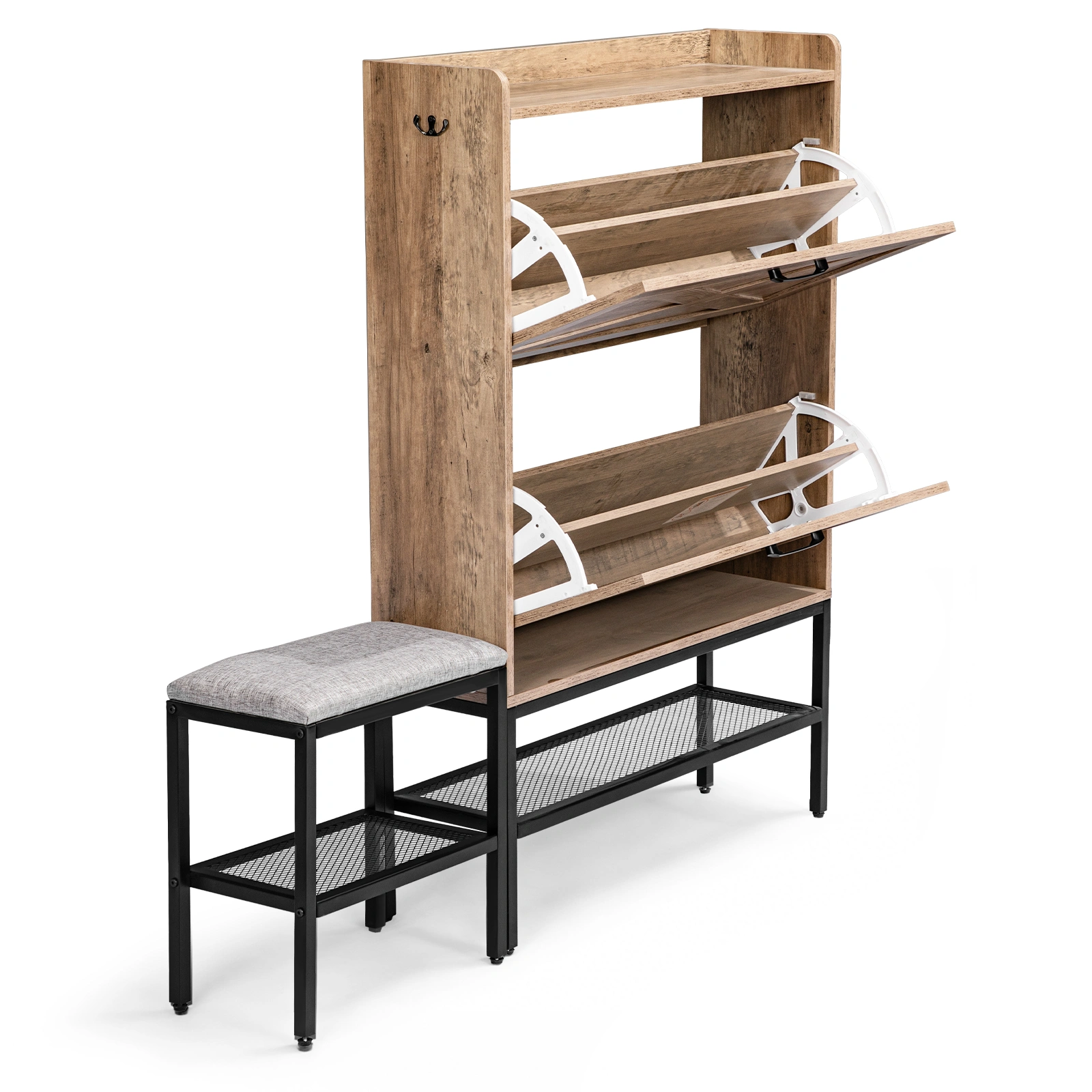 120x24x120cm Shoe Cabinet, Barn Door Style with 2 Flip-Down Compartments, Wire Mesh, Metal Legs, Vintage Gray Particleboard view 2
