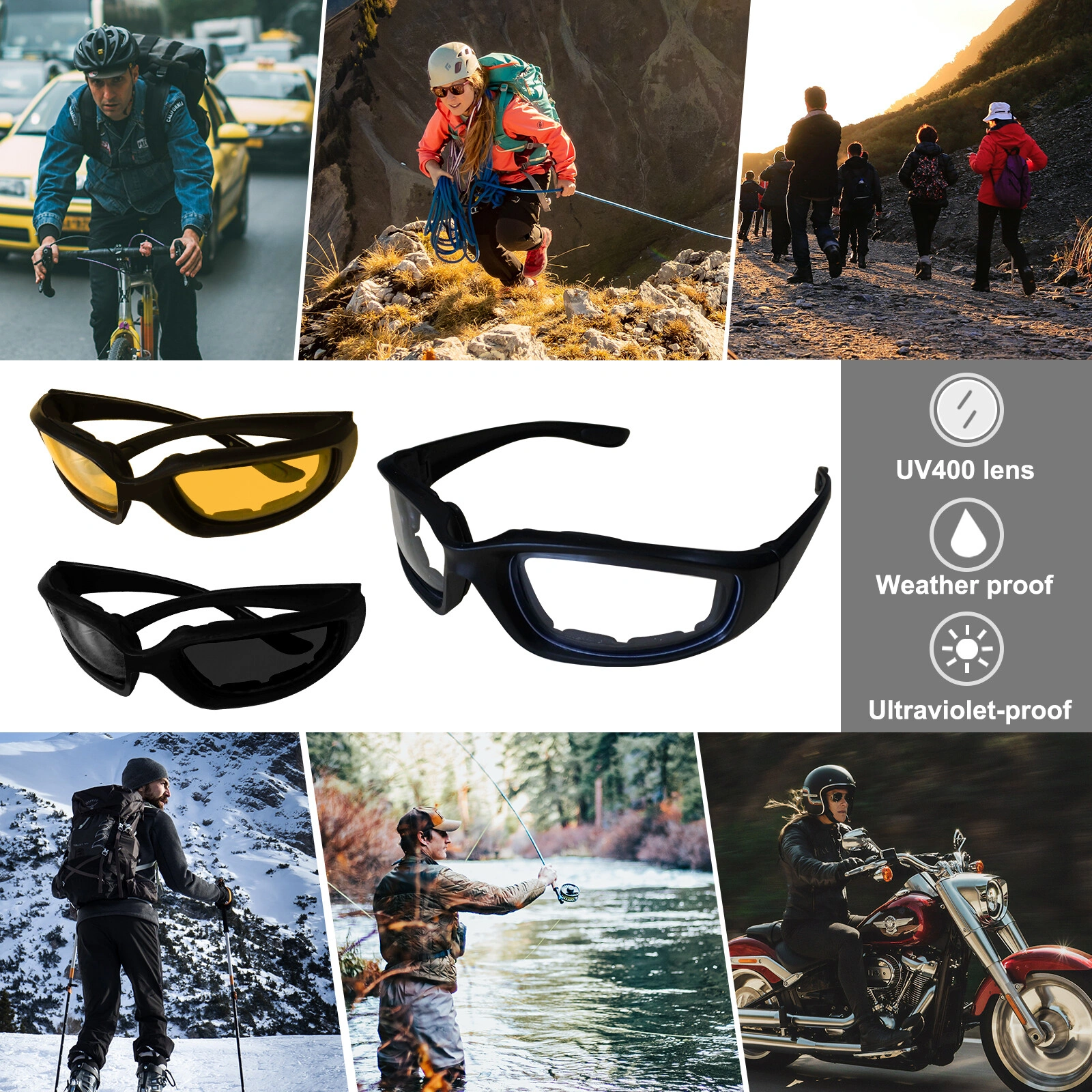 3 pairs Motorcycle Sports Biker Riding Glasses Wind Resistant Eye Protection Women Men Sports Goggles Cycling Glasses Sunglasses Gray/Clear/Yellow view 8