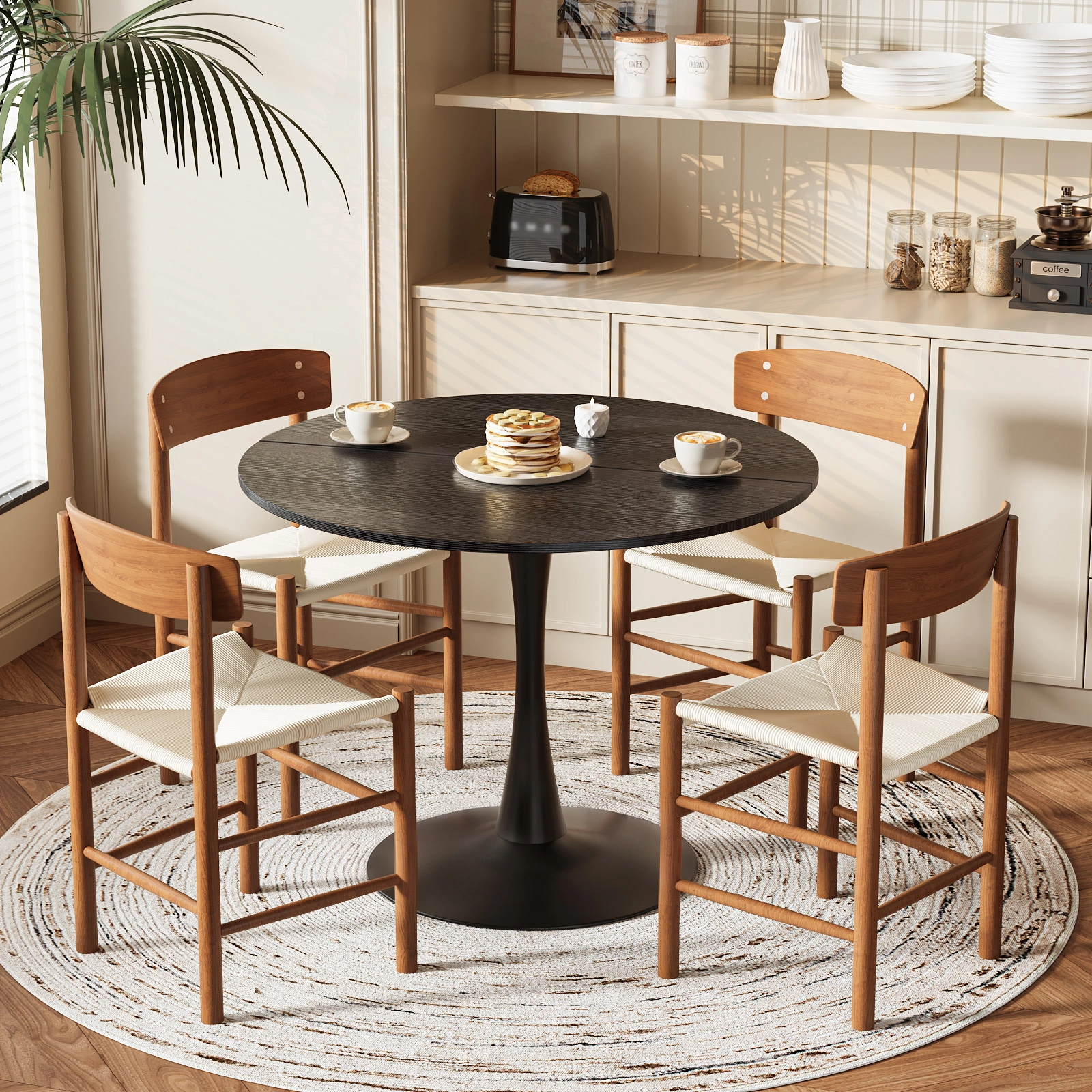 Round Tulip Dining Table 39.4" for 4 People, Melamine MDF Tabletop with Metal Pedestal Base, Easy Assembly Black Kitchen Dinner Table for Dining Room Home Apartment