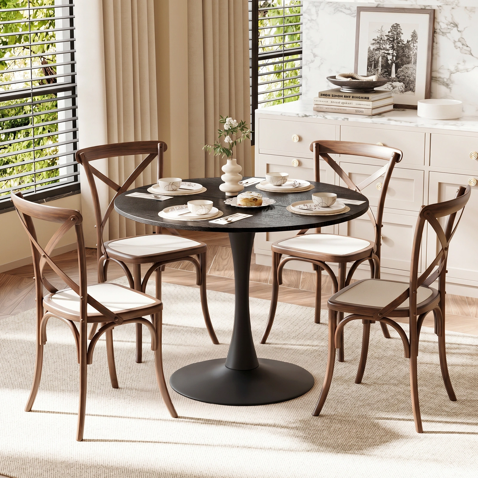 Round Tulip Dining Table 39.4" for 4 People, Melamine MDF Tabletop with Metal Pedestal Base, Easy Assembly Black Kitchen Dinner Table for Dining Room Home Apartment view 10