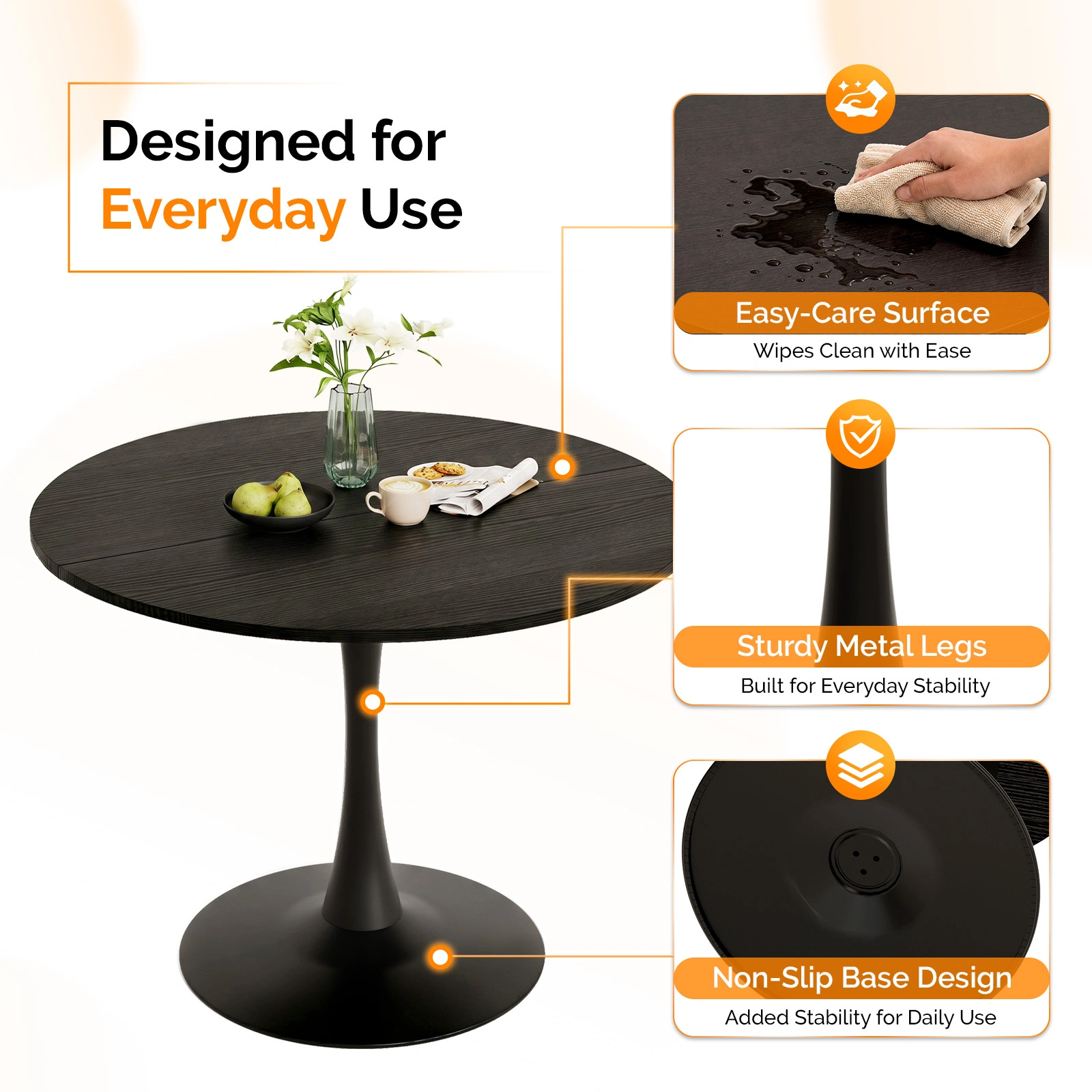 Round Tulip Dining Table 39.4" for 4 People, Melamine MDF Tabletop with Metal Pedestal Base, Easy Assembly Black Kitchen Dinner Table for Dining Room Home Apartment view 5