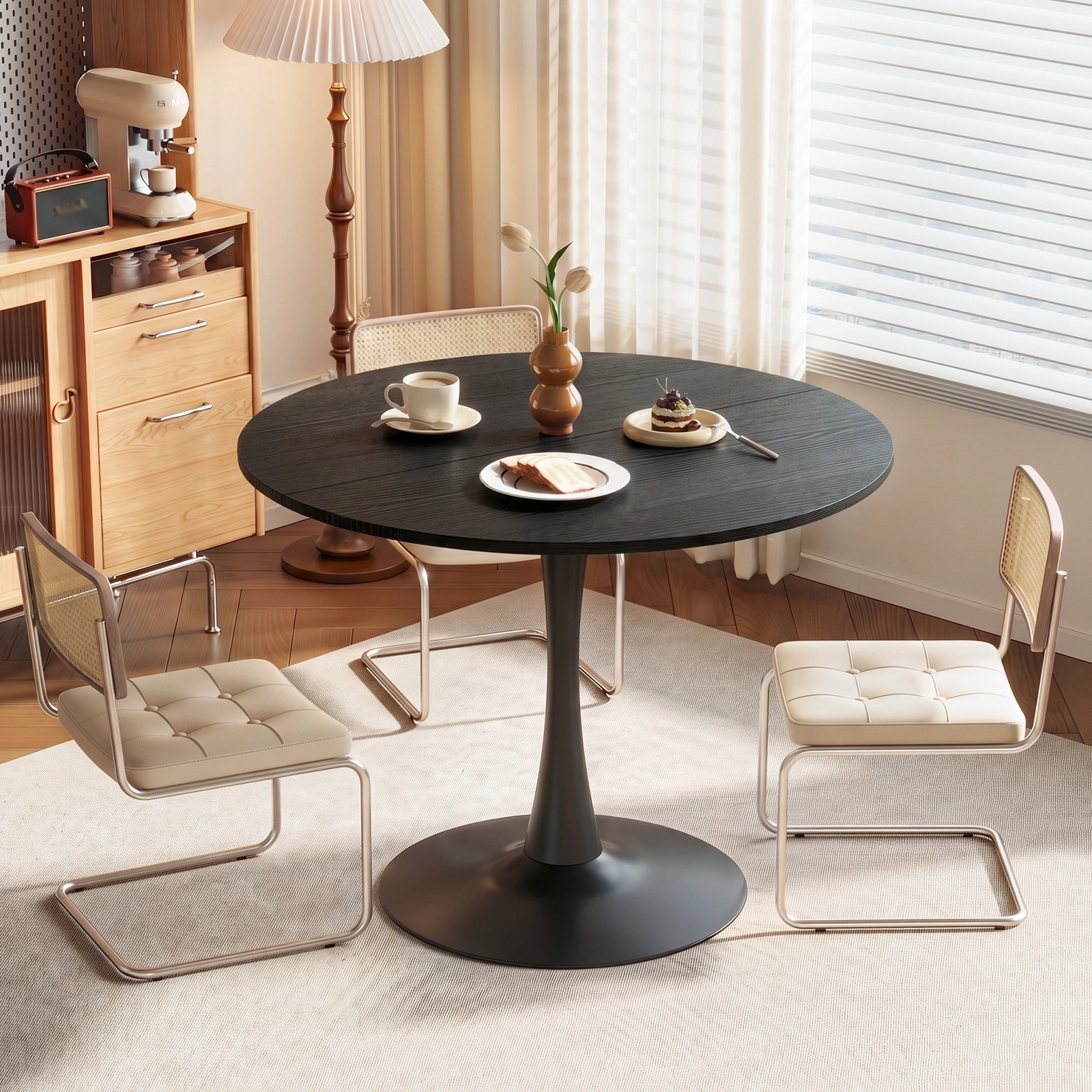 Round Tulip Dining Table 39.4" for 4 People, Melamine MDF Tabletop with Metal Pedestal Base, Easy Assembly Black Kitchen Dinner Table for Dining Room Home Apartment view 7