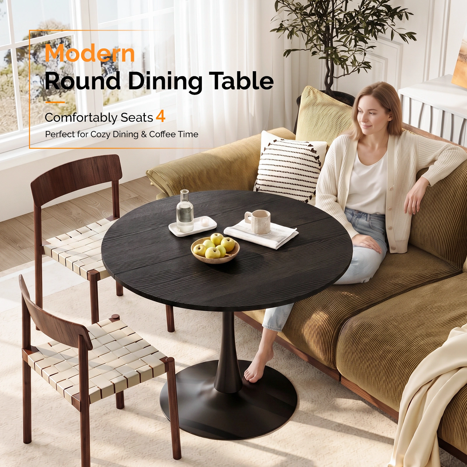 Round Tulip Dining Table 39.4" for 4 People, Melamine MDF Tabletop with Metal Pedestal Base, Easy Assembly Black Kitchen Dinner Table for Dining Room Home Apartment view 9