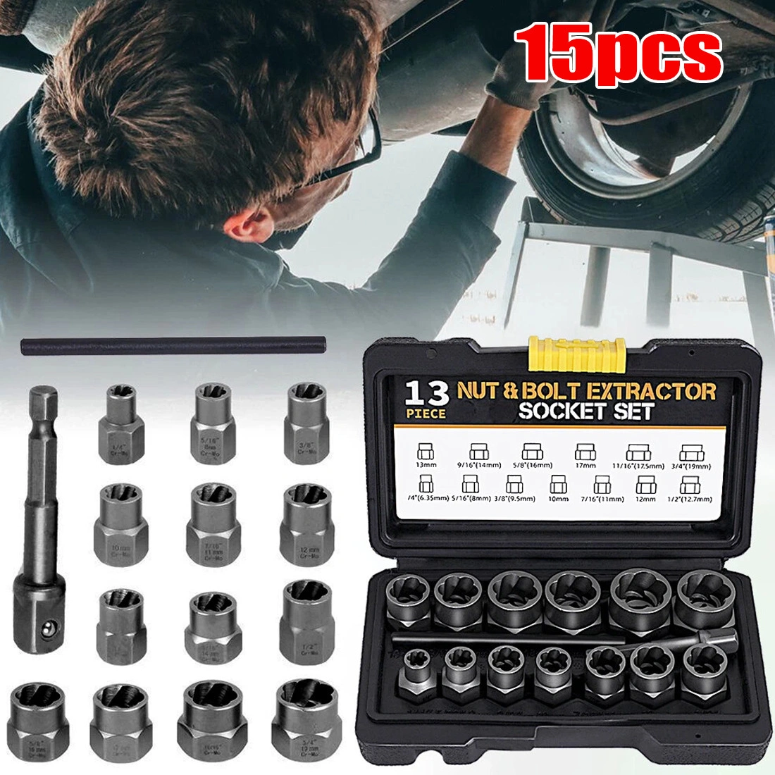 15pcs Left Hand Thread Extractor Set 6.35-19mm - Screw Bolt Remover Broken Nut Bits Tool Kit view 2