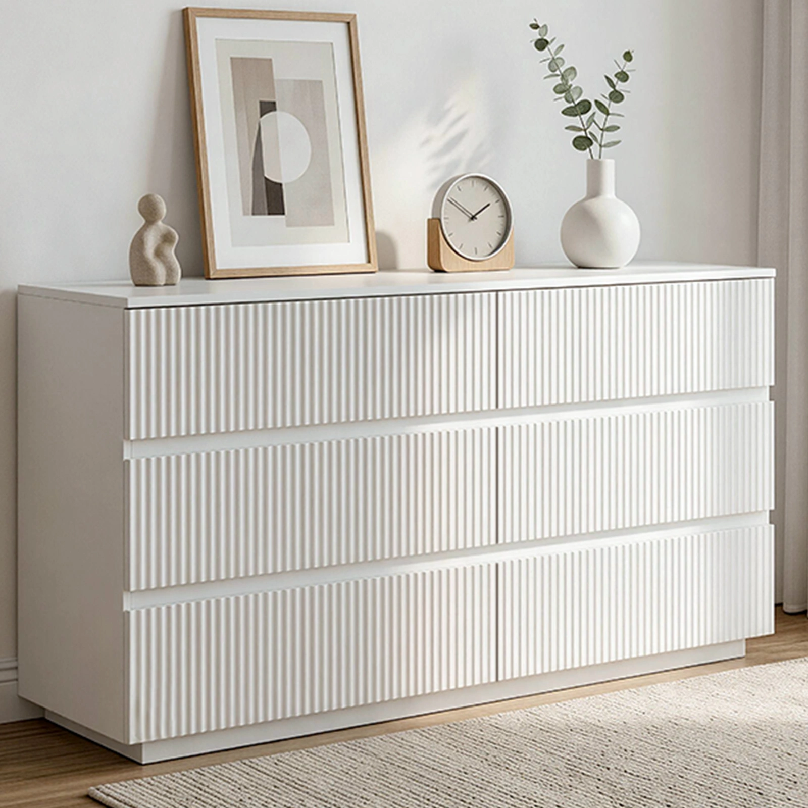 Handleless 6-Drawer Cabinet with Grille Finish P2 Particleboard + MDF & Melamine Veneer + Vacuum-Formed Storage Cabinet 55.12*15.75*27.95in White