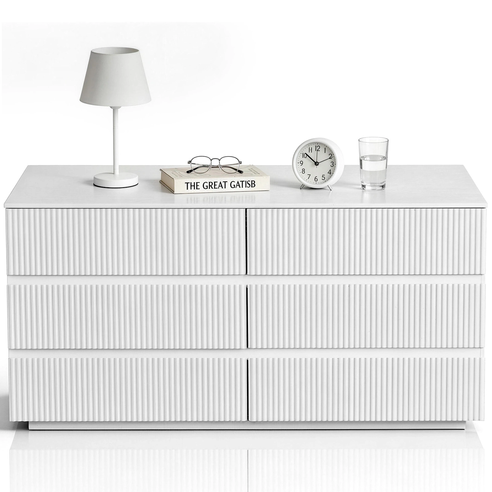 Handleless 6-Drawer Cabinet with Grille Finish P2 Particleboard + MDF & Melamine Veneer + Vacuum-Formed Storage Cabinet 55.12*15.75*27.95in White view 2