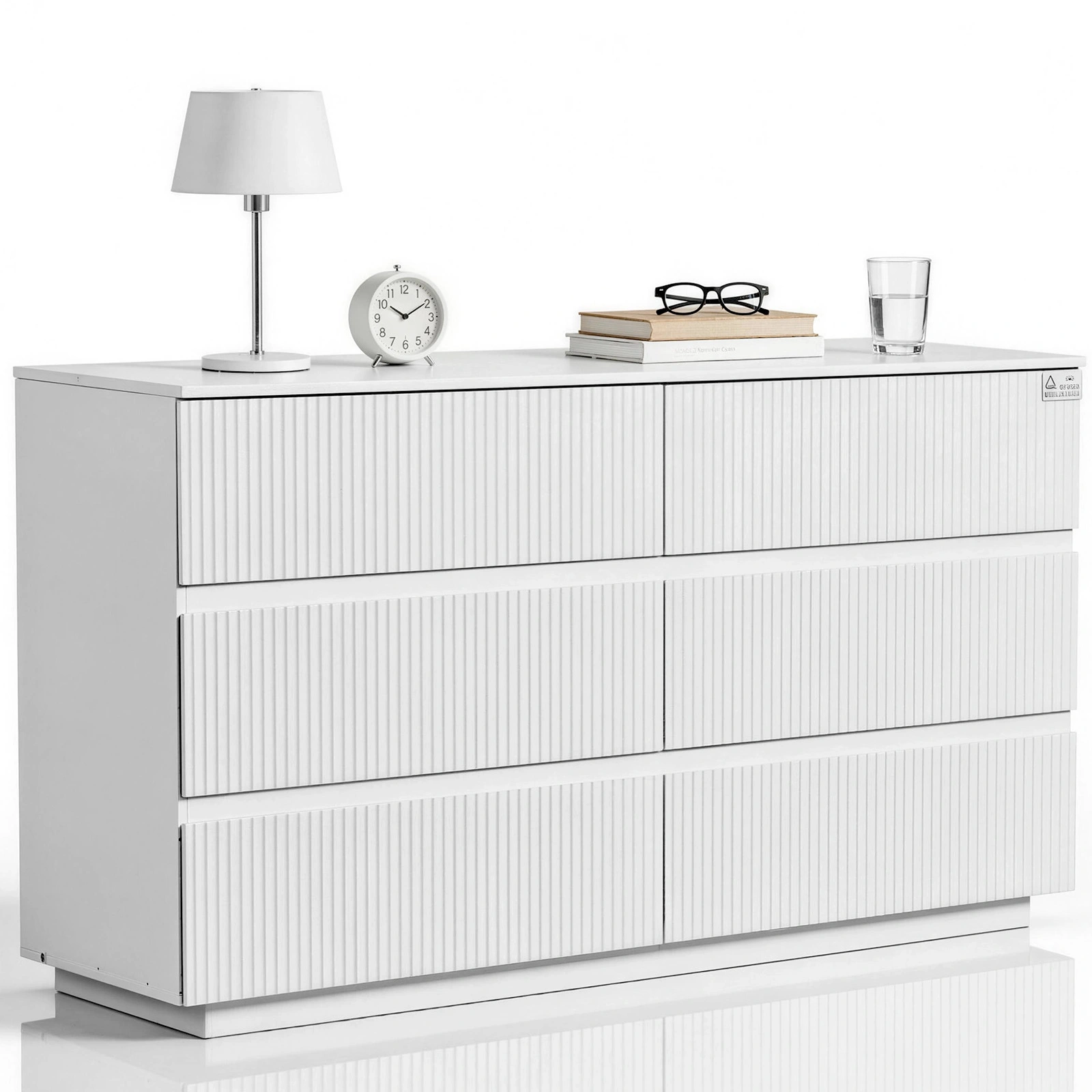 Handleless 6-Drawer Cabinet with Grille Finish P2 Particleboard + MDF & Melamine Veneer + Vacuum-Formed Storage Cabinet 55.12*15.75*27.95in White view 3