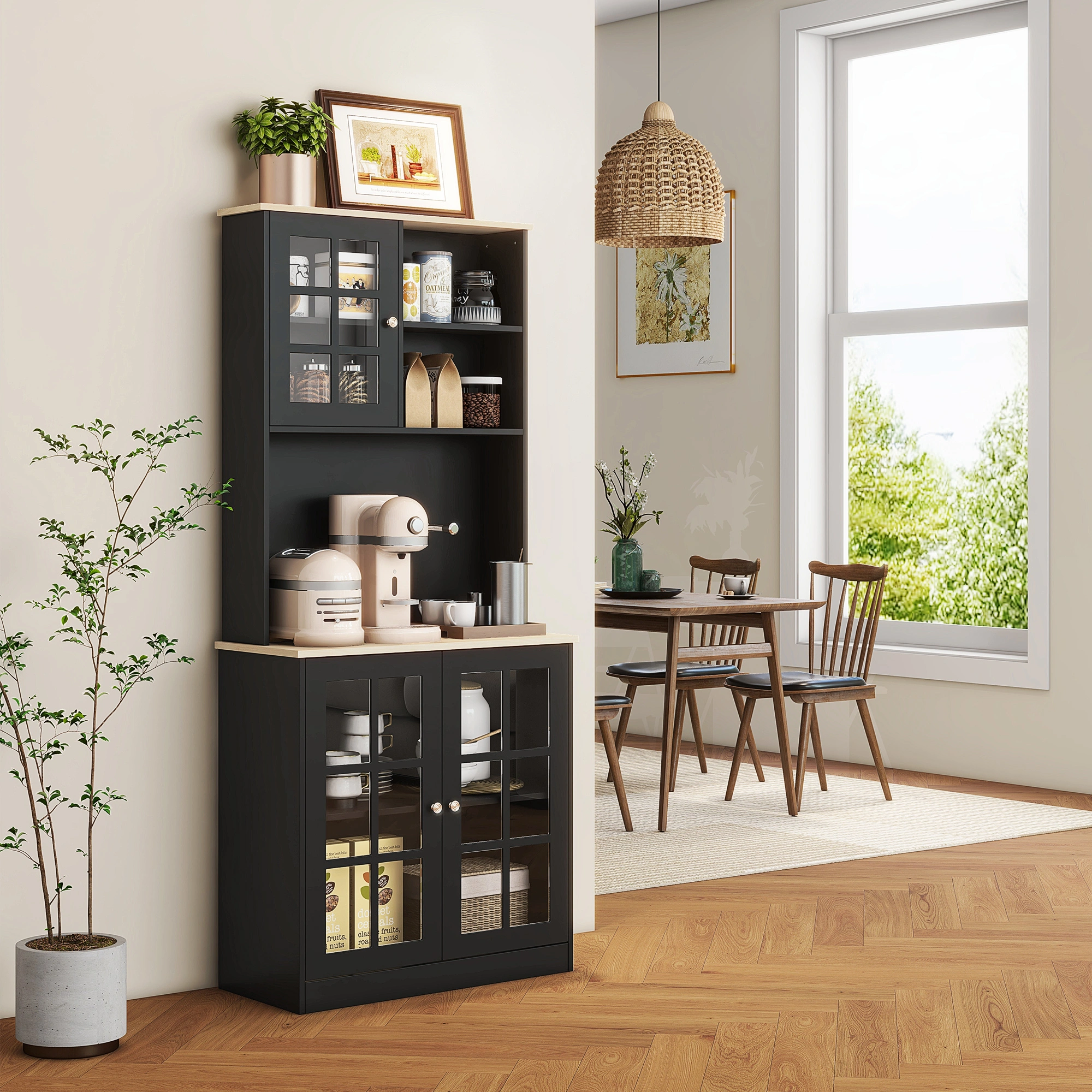 72" Black Kitchen Pantry Cabinet with Hutch, Large Countertop & Adjustable Glass Door Shelves