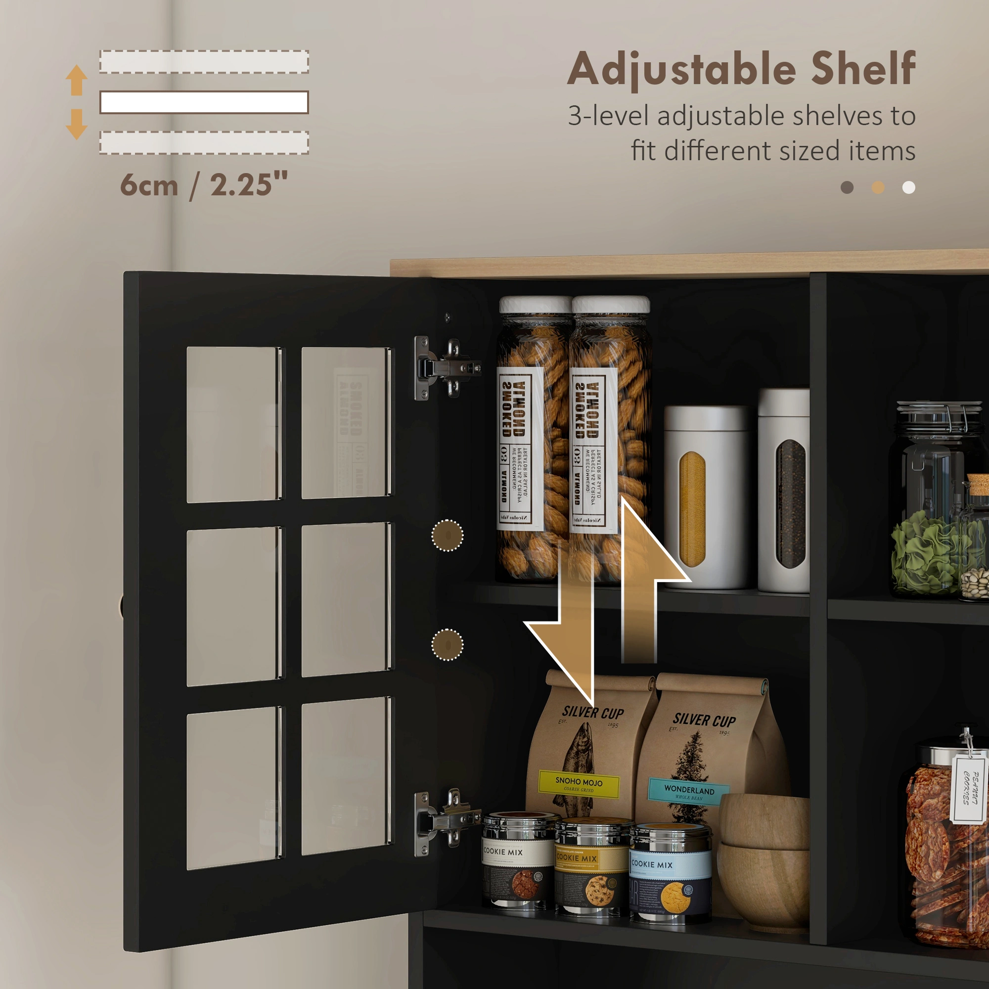 72" Black Kitchen Pantry Cabinet with Hutch, Large Countertop & Adjustable Glass Door Shelves view 2