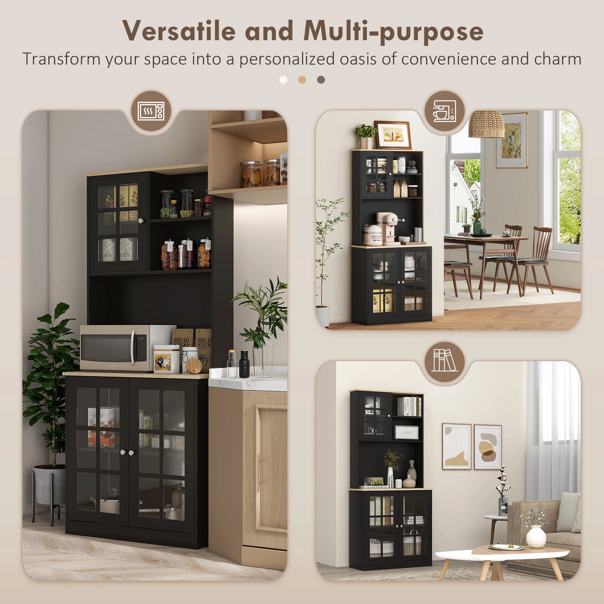 72" Black Kitchen Pantry Cabinet with Hutch, Large Countertop & Adjustable Glass Door Shelves view 3