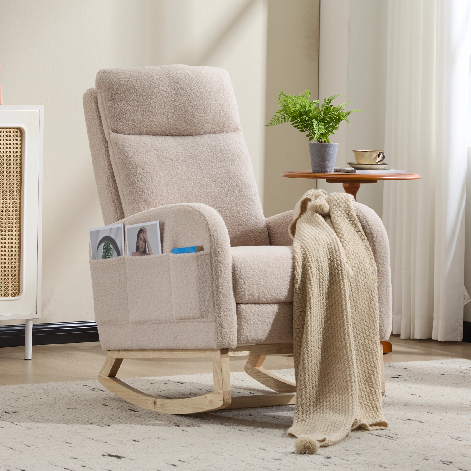 Modern Accent Rocking Chair with Solid Wood Legs, Upholstered Nursery Glider Rocker with Side Pocket, High Backrest Living Room Lounge Arm Chair - Beige Teddy