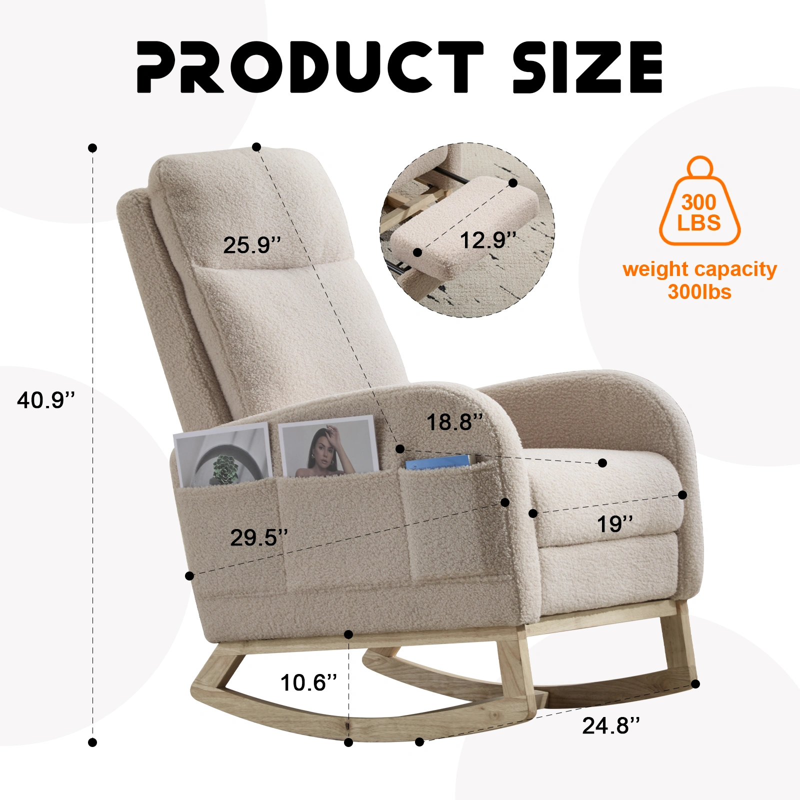 Modern Accent Rocking Chair with Solid Wood Legs, Upholstered Nursery Glider Rocker with Side Pocket, High Backrest Living Room Lounge Arm Chair - Beige Teddy view 4