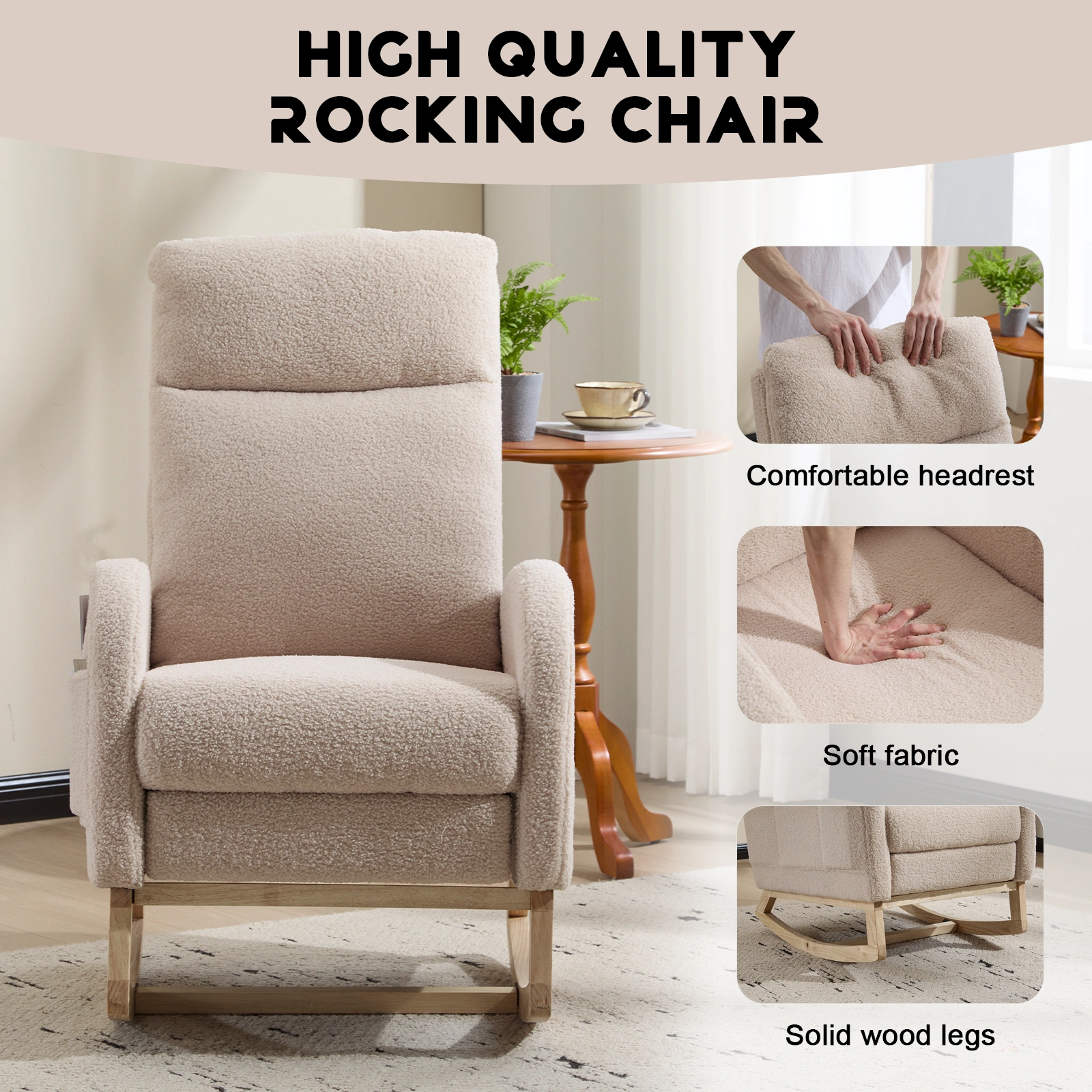 Modern Accent Rocking Chair with Solid Wood Legs, Upholstered Nursery Glider Rocker with Side Pocket, High Backrest Living Room Lounge Arm Chair - Beige Teddy view 5