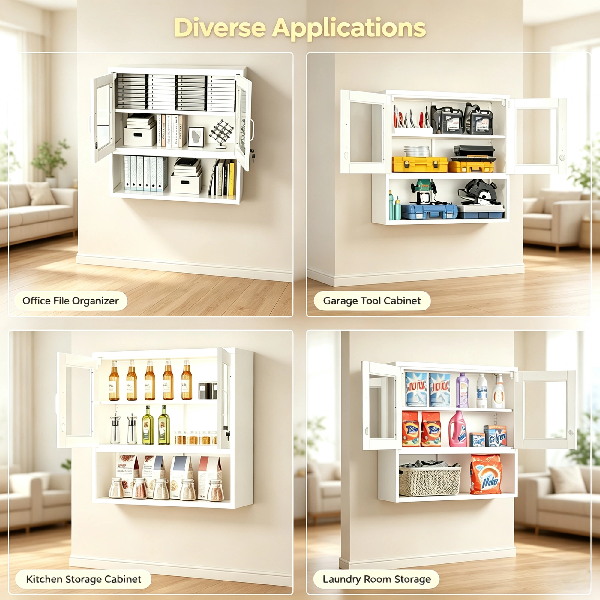 White Steel Wall Mount Display Cabinet with LED Light, 31.5x31.5x11.81 inch Indoor Glass Door Storage Shelf view 10