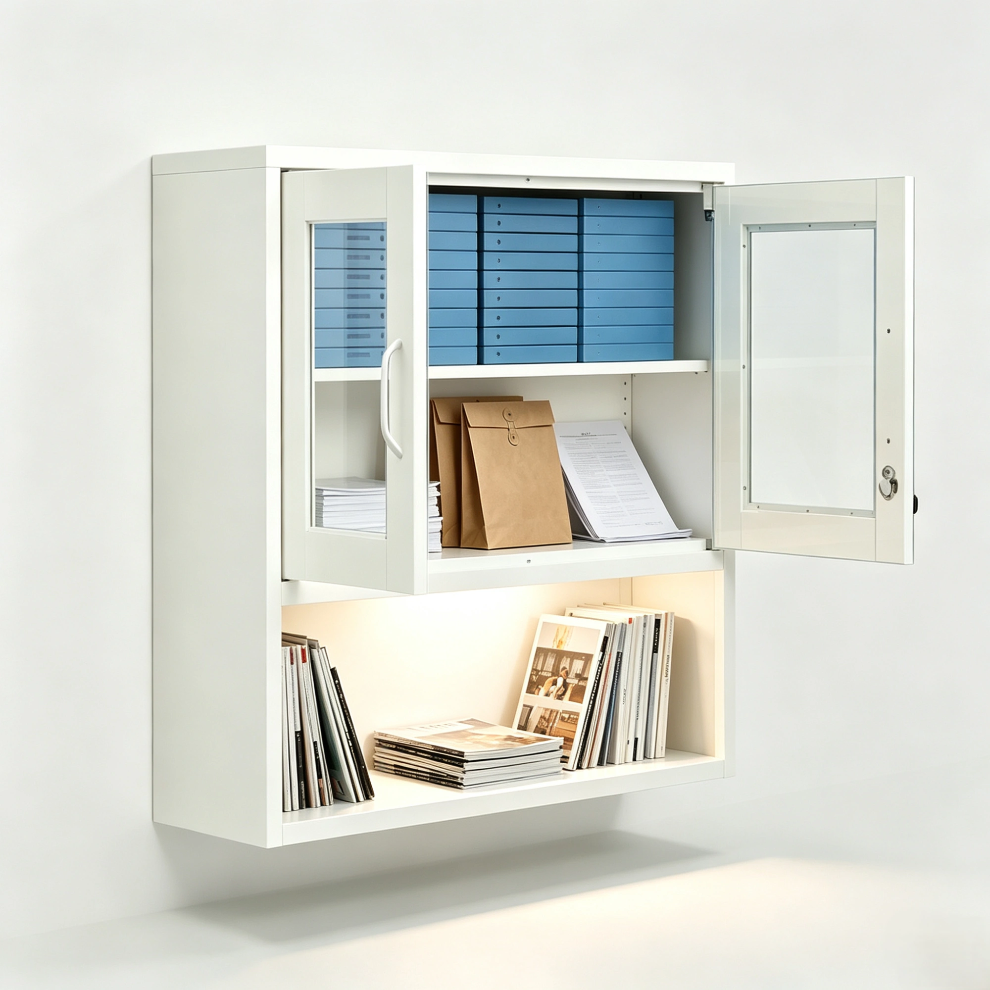 White Steel Wall Mount Display Cabinet with LED Light, 31.5x31.5x11.81 inch Indoor Glass Door Storage Shelf view 14