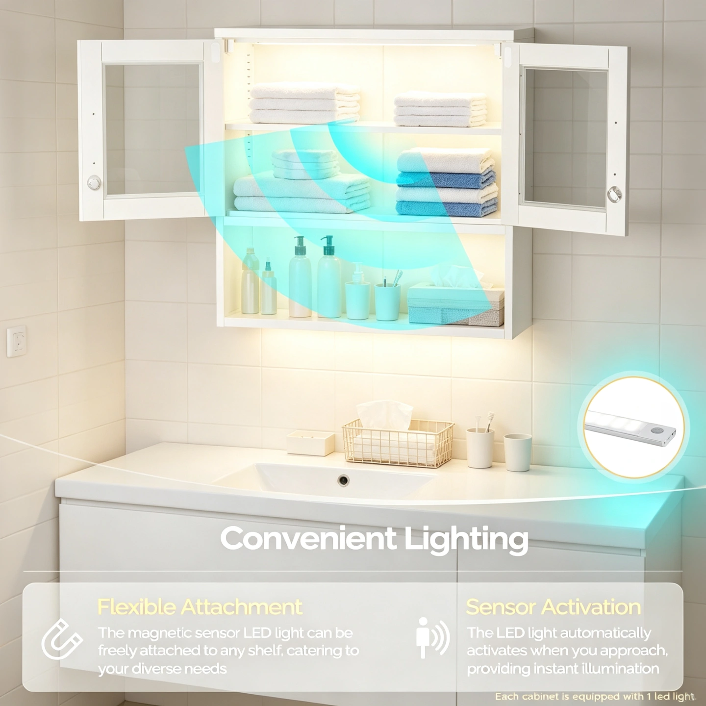 White Steel Wall Mount Display Cabinet with LED Light, 31.5x31.5x11.81 inch Indoor Glass Door Storage Shelf view 3