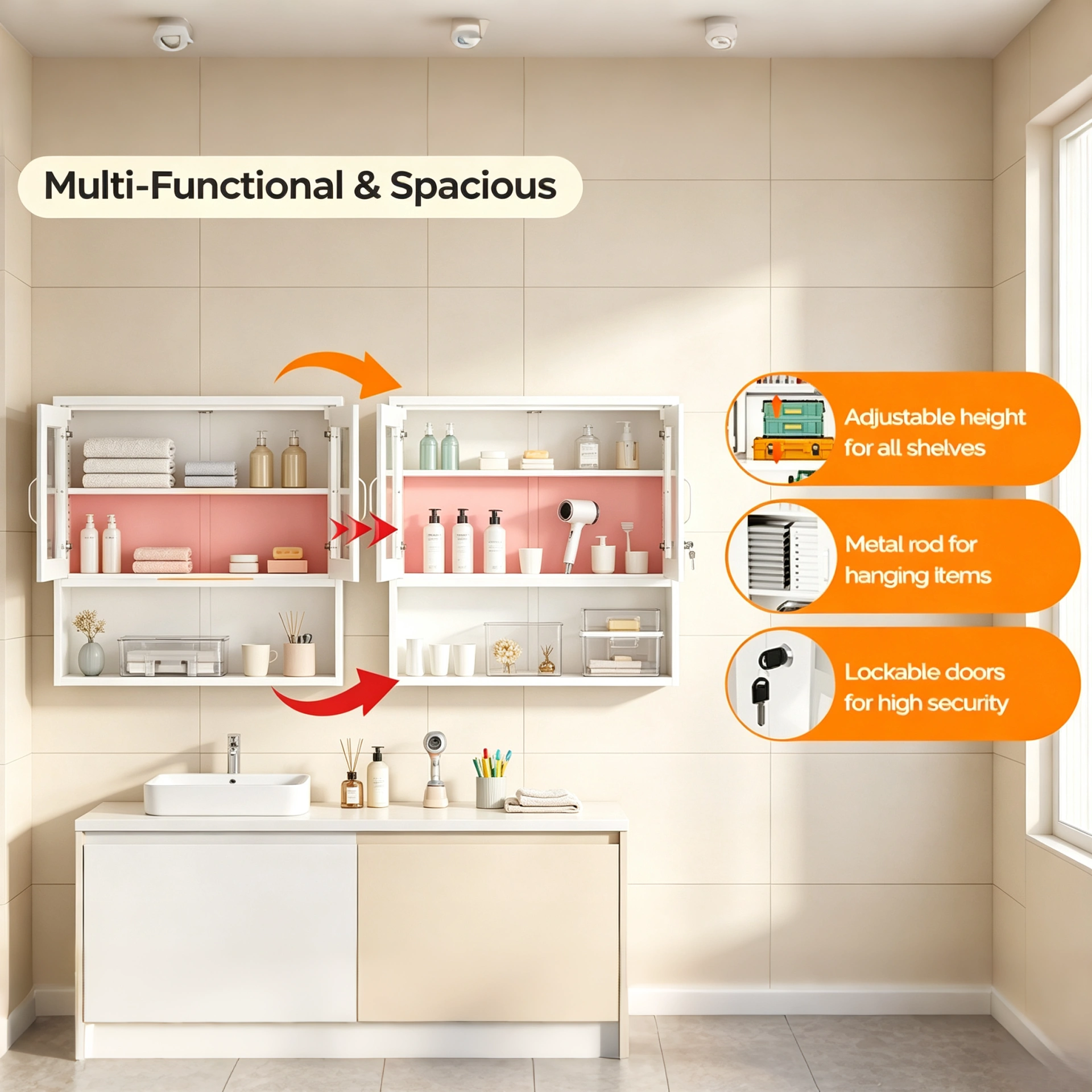 White Steel Wall Mount Display Cabinet with LED Light, 31.5x31.5x11.81 inch Indoor Glass Door Storage Shelf view 6