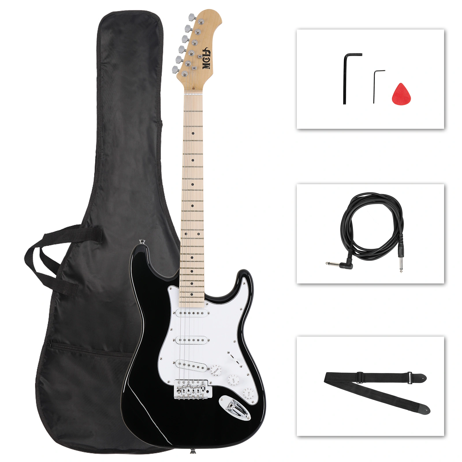 MST Electric Guitar with Maple Fingerboard & Case, Black Body with White Pickguard