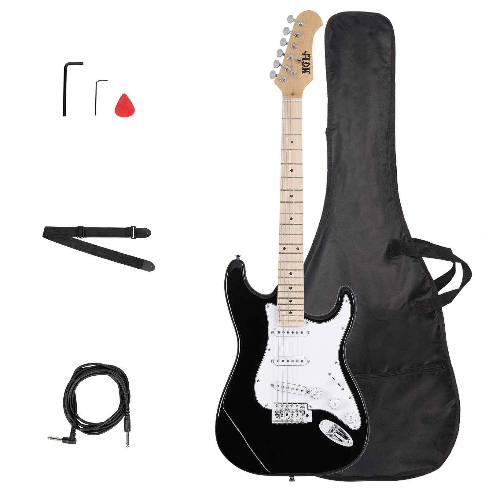 MST Electric Guitar with Maple Fingerboard & Case, Black Body with White Pickguard view 2