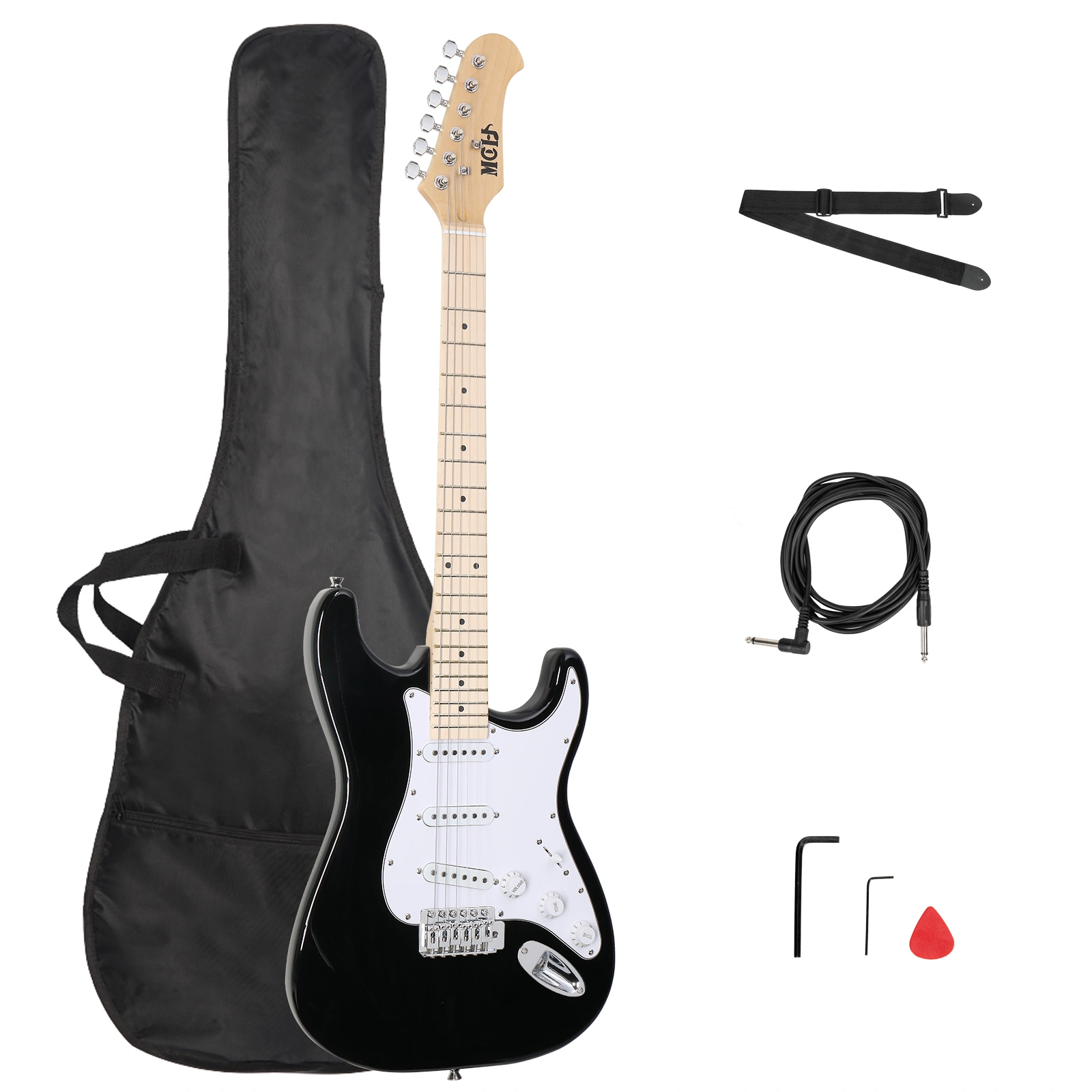 MST Electric Guitar with Maple Fingerboard & Case, Black Body with White Pickguard view 3