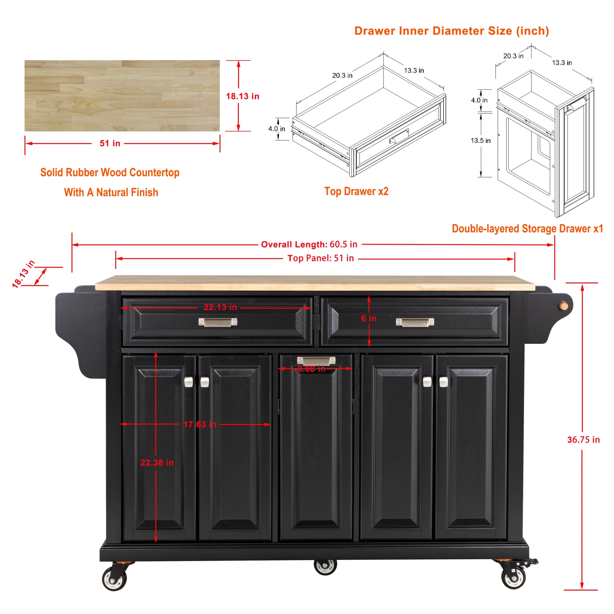 Natural Wood Top Kitchen Island with Storage view 7
