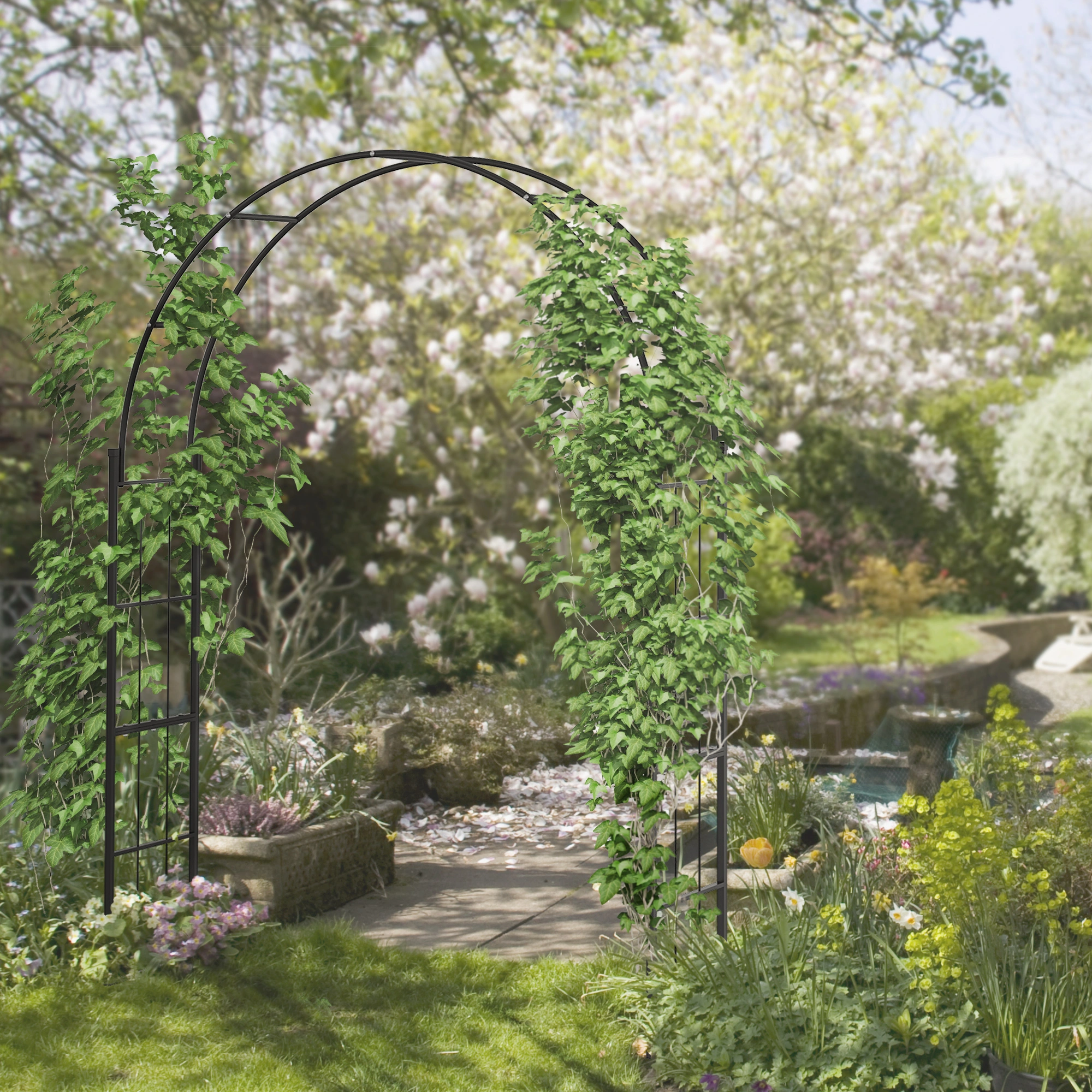 Heavy Duty Metal Garden Arch 84" H x 36" W - Decorative Walk-Through Steel Archway for Garden, Yard & Patio, Black