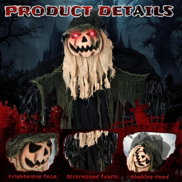 5.7ft Halloween Decorations Outdoor Life Size Animatronics Wizard with Pumpkin Face, Sound-Actived Party Decor with Creepy Sound, Scary Haunted House Props for Garden Yard Lawn view 5