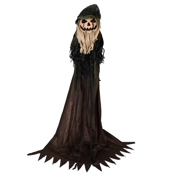 5.7ft Halloween Decorations Outdoor Life Size Animatronics Wizard with Pumpkin Face, Sound-Actived Party Decor with Creepy Sound, Scary Haunted House Props for Garden Yard Lawn